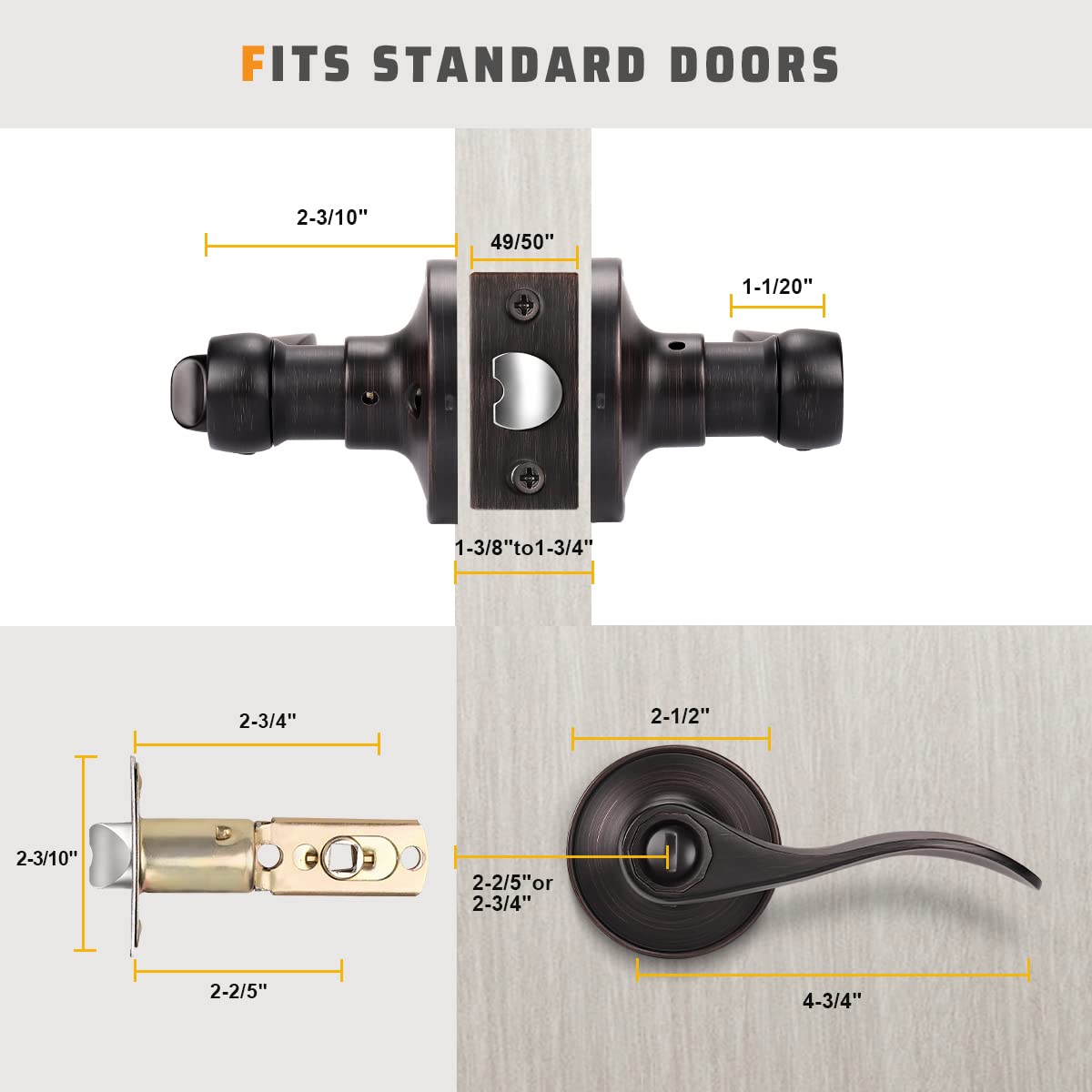 KNOBWELL 6-Pack Bronze Privacy Door Levers - Keyless Bedroom & Bathroom Door Handles with Lock - Rubbed Bronze Interior Door Knobs for Home, Office & Commercial Use