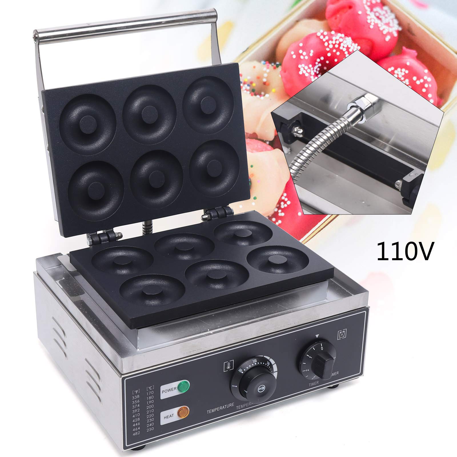 Commercial Waffle Donut Maker Machine - 6 Holes Double-Sided Heating (50-300℃), 1550W 110V Electric Doughnut Maker with Non-Stick Coating - Perfect for Home Kitchen, Bakery, Cafe & Commercial Use - Makes 2.95