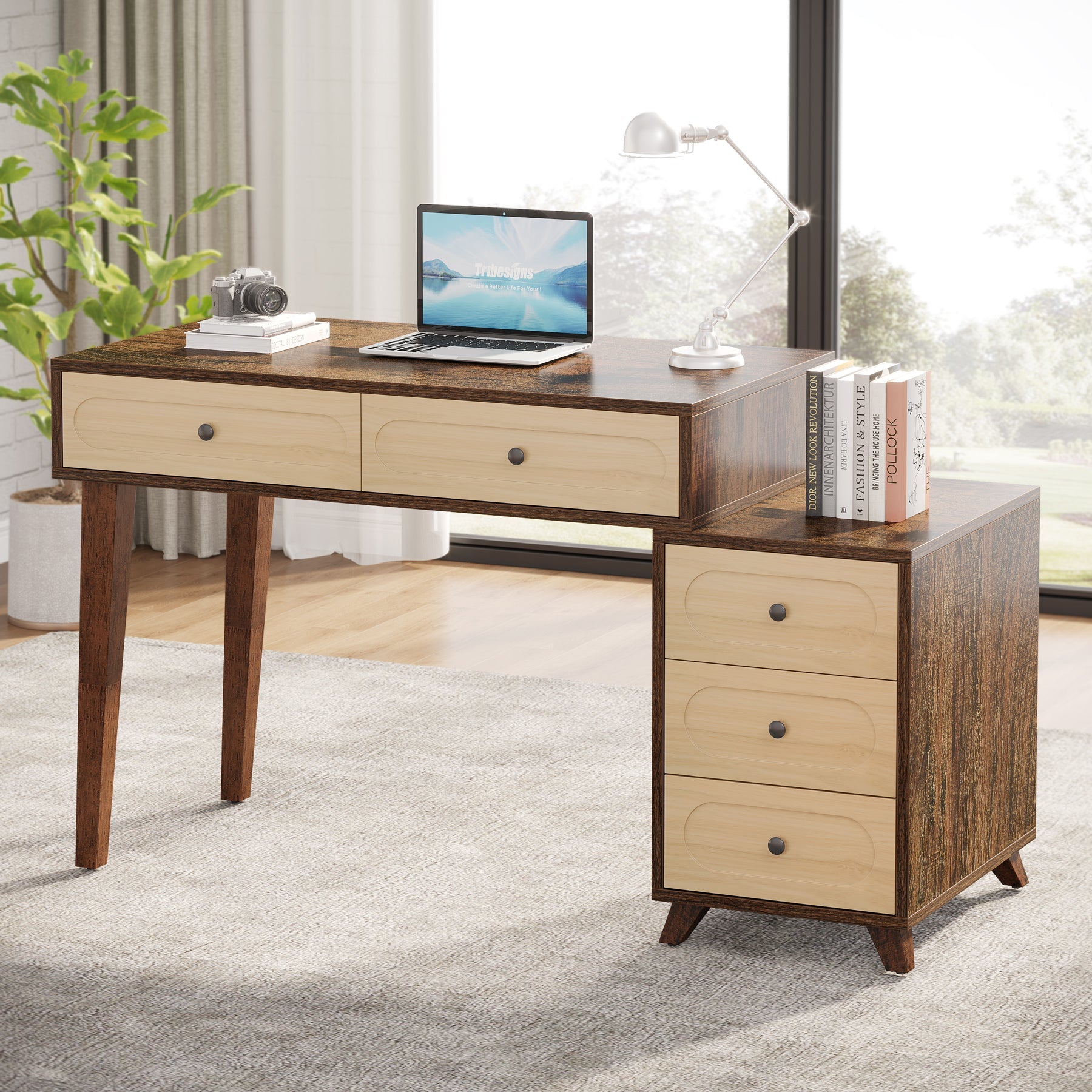 5-Drawer Computer Desk with Reversible Cabinet - 51 Inch Study Writing Table for Home Office, Gaming & Workspace Organization