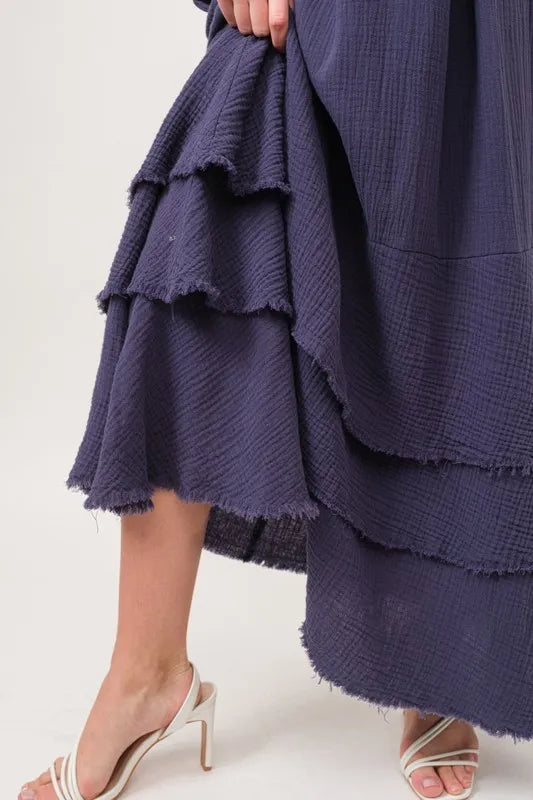 Navy Blue Washed Cotton Gauze Fringe Maxi Dress for Women - Beach Cover Up, Resort Wear, Summer Vacation Outfit