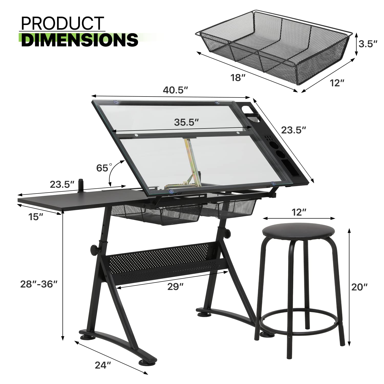 Magshion Adjustable Drafting Table Set - Tilting Glass Art Desk with Sliding Desktop, Stool & Steel Mesh Drawers - All-in-One Artist Drawing Desk for Sketching, Writing, Crafting & Home Office Work (Clear) - Perfect for Artists, Designers, Students & DIY Enthusiasts