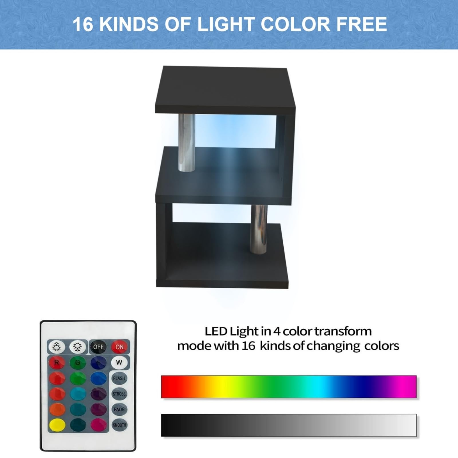 Modern Black Coffee Table with LED Lights - S-Shaped End Table & Sofa Side Table with Open Storage Shelf | Multi-Purpose High Gloss Nightstand for Living Room, Bedroom | Perfect for Small Spaces, Home Decor & Entertaining Guests (Black)