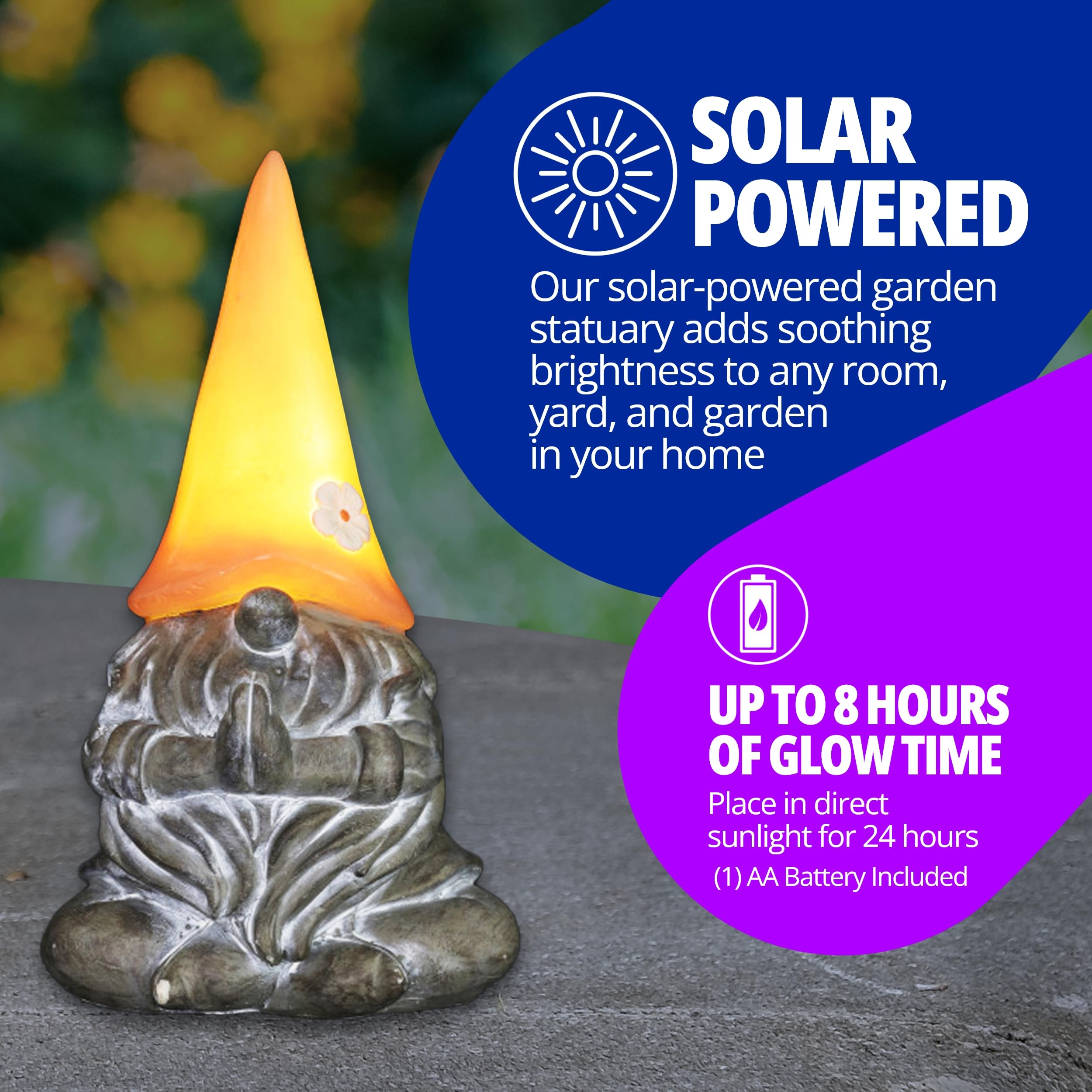 Exhart Solar-Powered Meditating Yoga Garden Gnome Statue with LED Flower Hat – 7 x 11.5 Inch Peach Outdoor Decor for Zen Gardens, Patios & Backyards