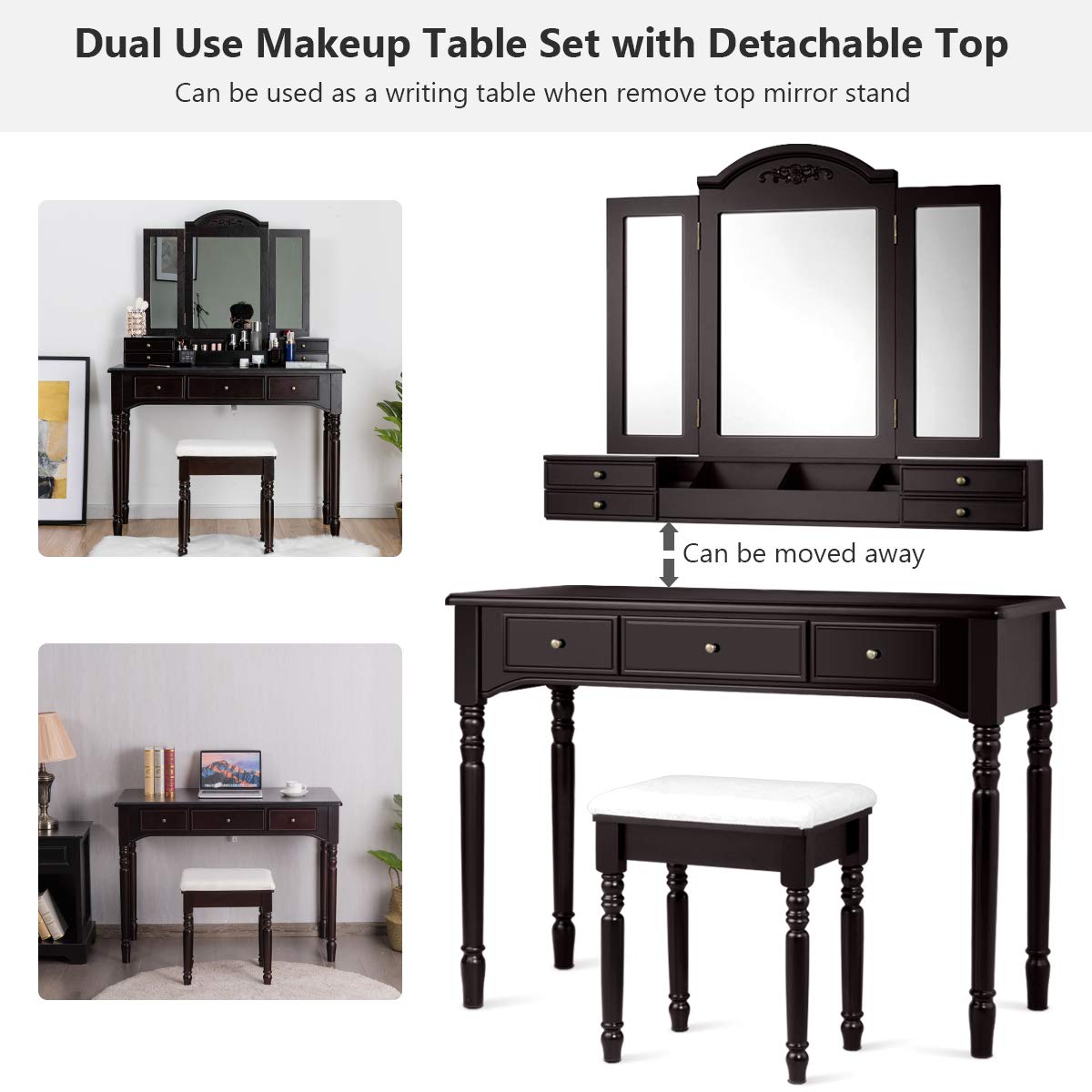 Charmaid Large Makeup Vanity Table with Tri-Fold Mirror - 41.5