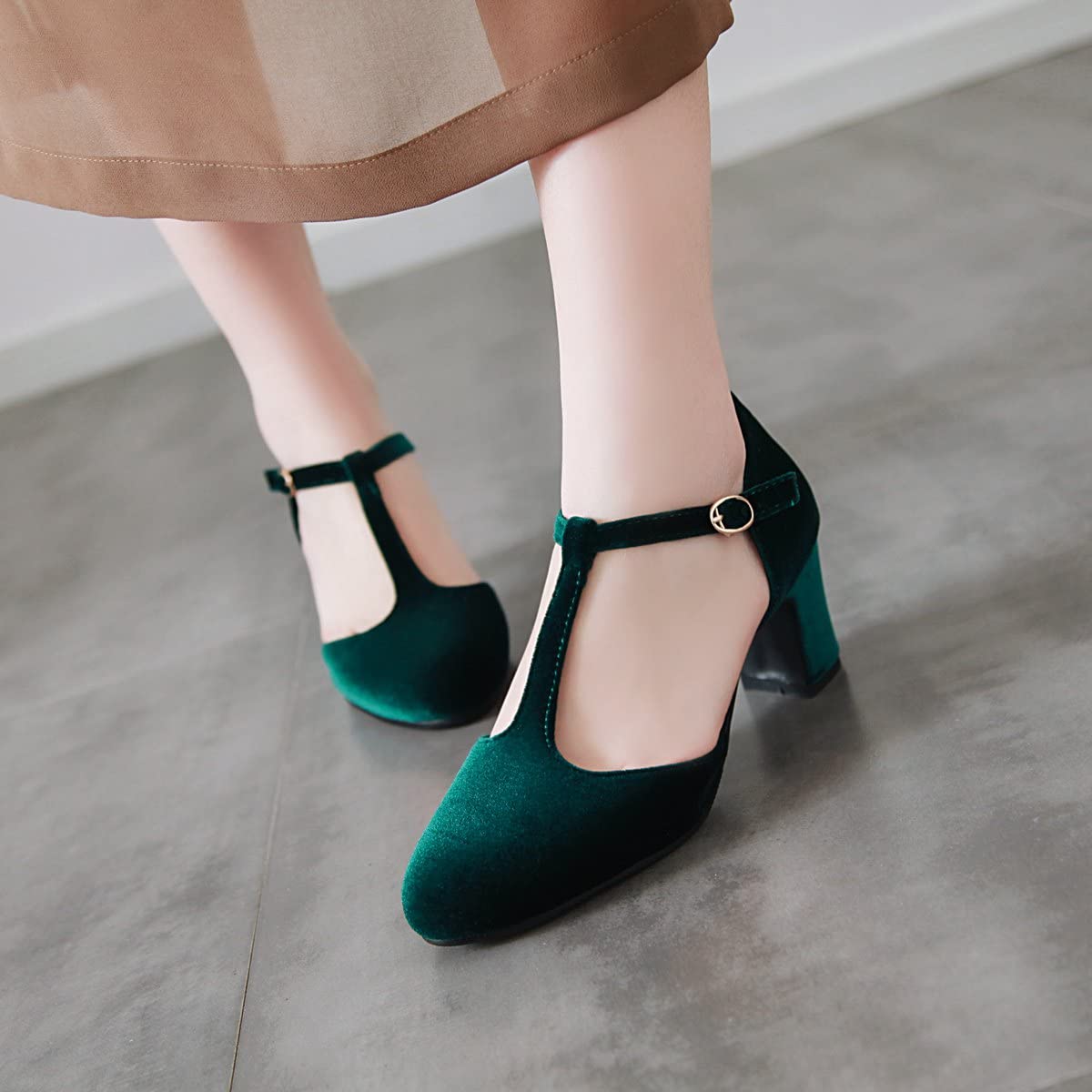 Women's T-Strap Velvet Chunky Heel Pumps - Black & Green Closed Toe Dress Shoes with Ankle Strap | Perfect for Evening Parties, Weddings & Formal Events