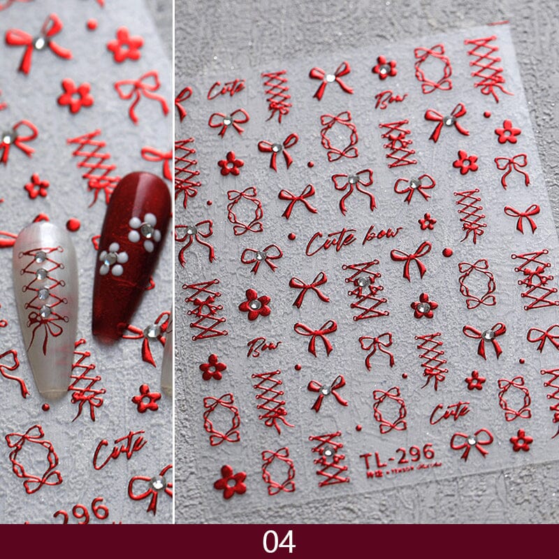 5D Gold Red White Bowknot Embossed Nail Stickers - Elegant Nail Art Decals for Parties, Weddings & Special Occasions