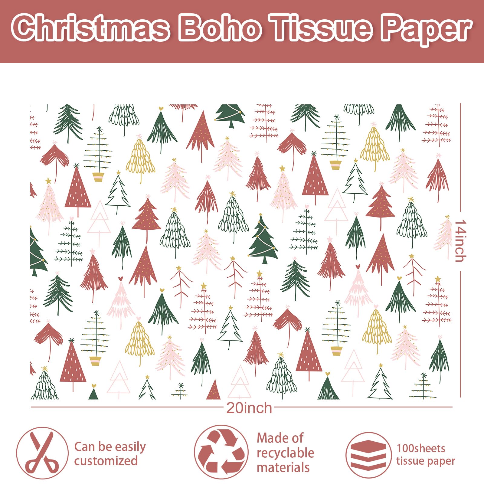 Whaline 100 Sheets Christmas Tissue Paper - Boho Forest Design with Pink Trees for Gift Wrapping, DIY Crafts, Home Decor | Perfect for Holiday Gifts, Party Favors & Winter Season Decorations
