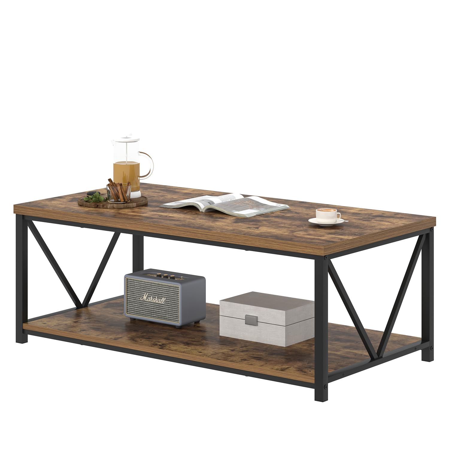 EXCEFUR Modern Coffee Table - Rustic Wood & Metal Living Room Table with Storage Shelf, Industrial Rectangle Center Table, 47 Inch Brown - Perfect for Small Spaces, Apartments & Farmhouse Decor