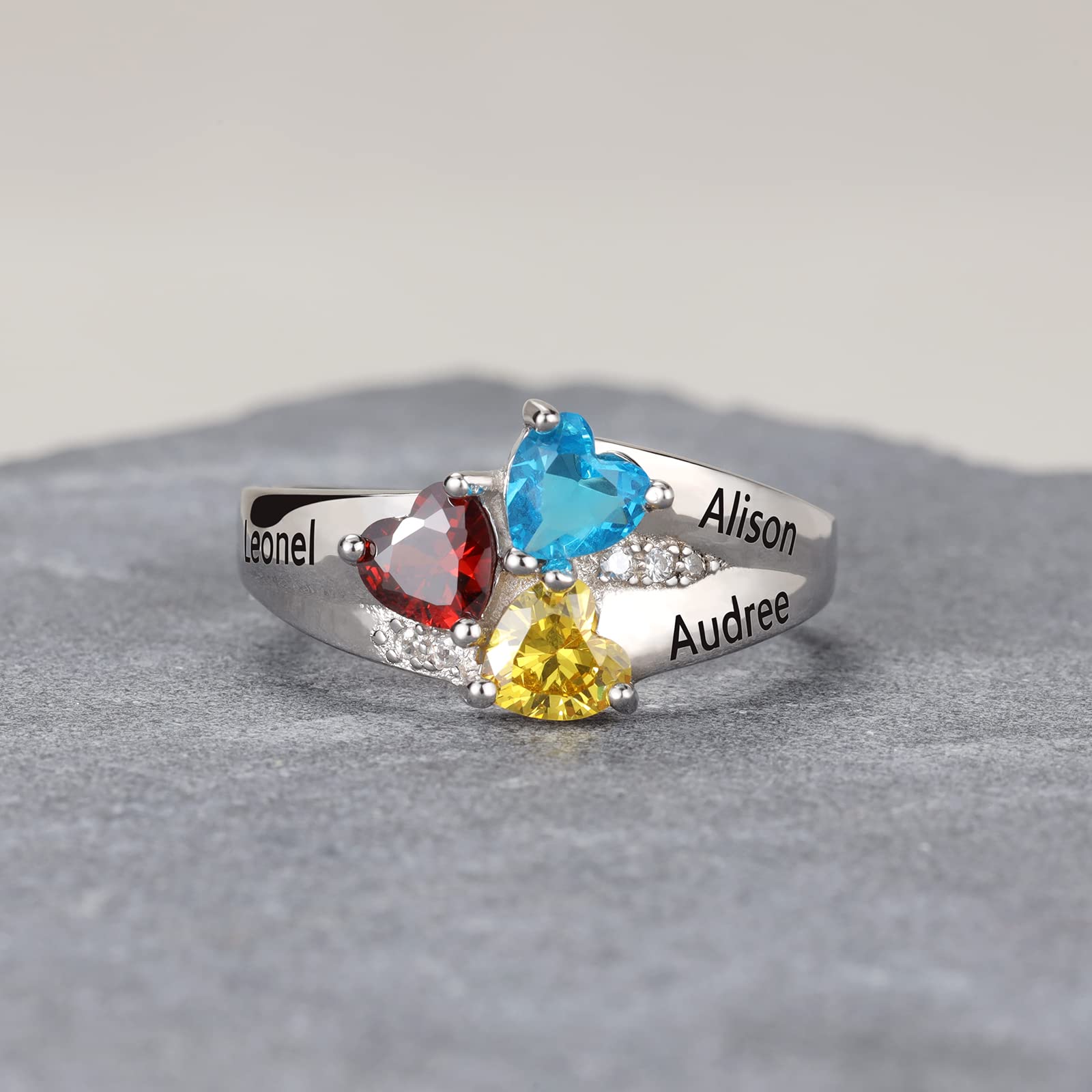 Personalized Sterling Silver Mothers Ring with 3 Birthstones - Custom Name Engraved Mom Ring for Women, Gift for Mother's Day, Grandma or Wife - Perfect for Anniversaries, Birthdays & Special Occasions
