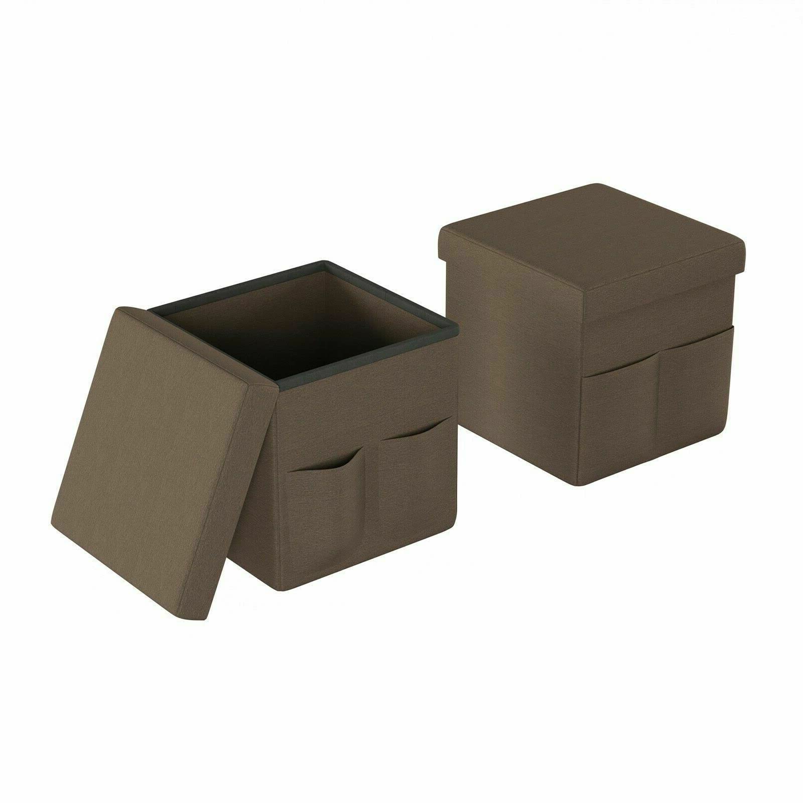 HLJMAQ Set of 2 Storage Ottomans with Foldable Seat Lids & Side Pockets - 15x15 Inch Foot Stool for Living Room, Bedroom & Entryway Organization
