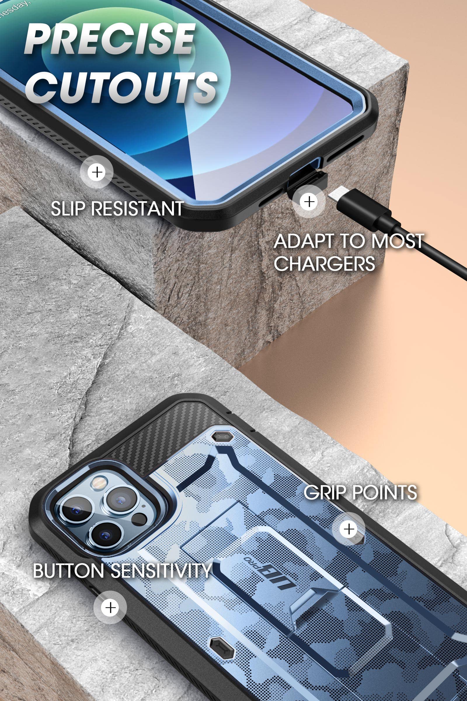 SUPCASE Unicorn Beetle Pro Heavy Duty Rugged Phone Case for iPhone 13 Pro Max with Built-in Screen Protector, Kickstand & Belt Clip - Camo Navy | Shockproof Full-Body Protection for Outdoor, Work & Daily Use