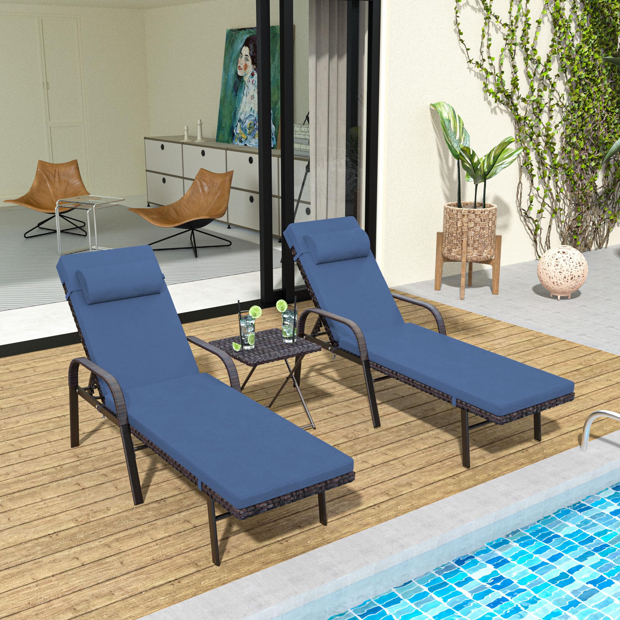 3-Piece Patio Chaise Lounge Set with Cushions - Adjustable Rattan Backrest Outdoor Folding Chairs & Table - Navy Blue Poolside Furniture for Backyard, Porch, Beach and Garden Relaxation