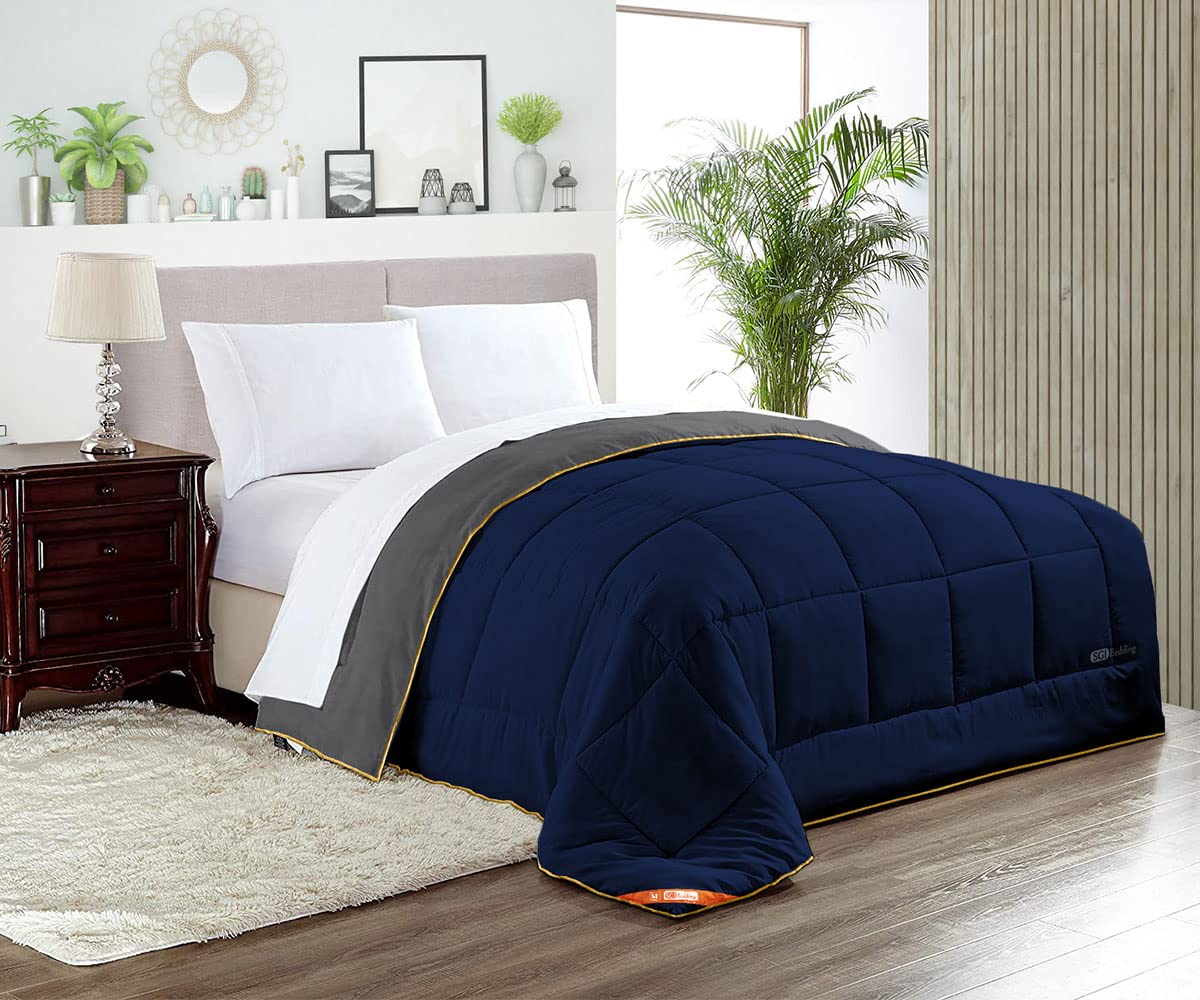 Premium SGI Down Alternative Comforter - Super King Size, 300 GSM Plush Siliconized Fiberfill, Navy Blue/Dark Gray, Box Stitched Quilted Design, 600 TC Egyptian Cotton Cover with Golden Piping - Ultra Soft & Hypoallergenic Bedding for All-Season Comfort in Master Bedrooms & Guest Rooms