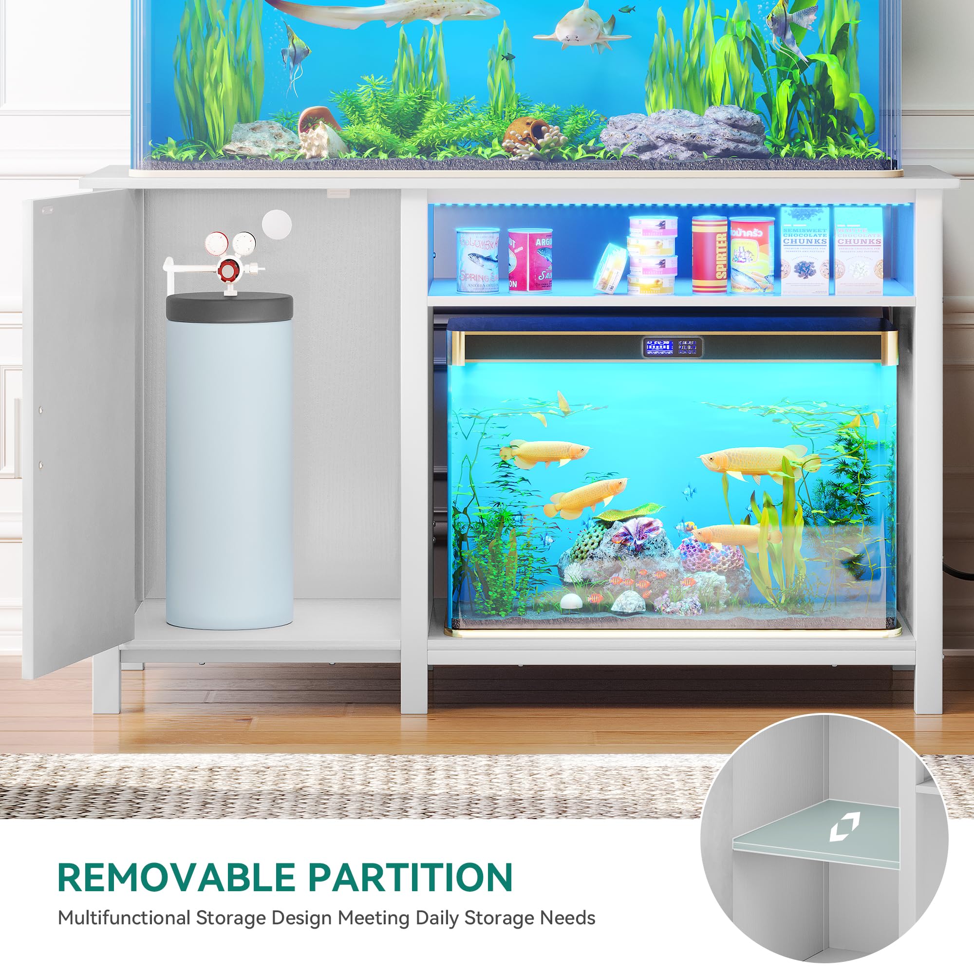 YITAHOME 55-75 Gallon Aquarium Stand with Power Outlets & RGB Lighting - Heavy Duty 900LBS Capacity Fish Tank Cabinet for Turtle Tanks, Reptile Terrariums - Perfect for Living Room, Bedroom or Office Decor (White)