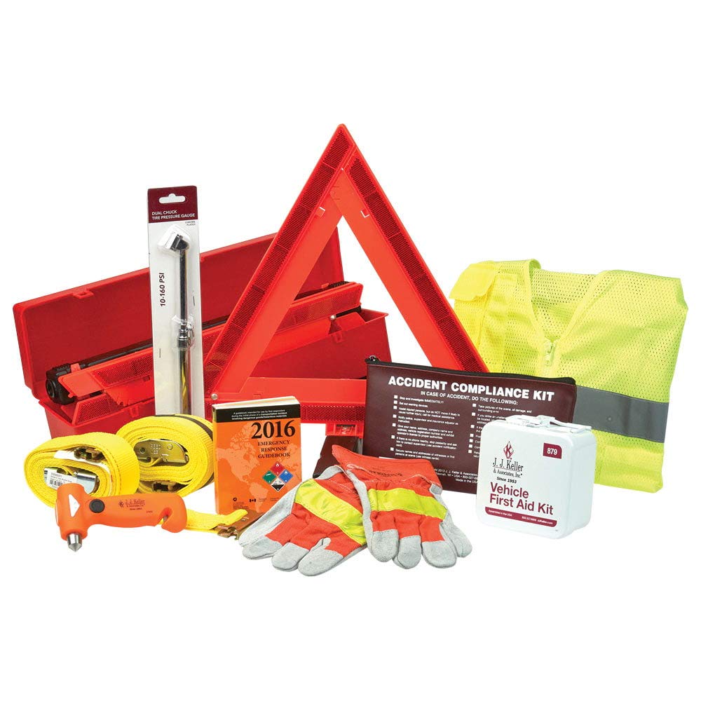 **2XL/3XL Truck Driver Safety Kit with Logistic Straps, PPE, First Aid Kit, ERG Guide, Emergency Triangles, Tire Pressure Gauge, Seatbelt Cutter & Window Punch – Essential for Long-Haul Trucking & Roadside Emergencies – by J.J. Keller & Associates**    (Note: I removed 