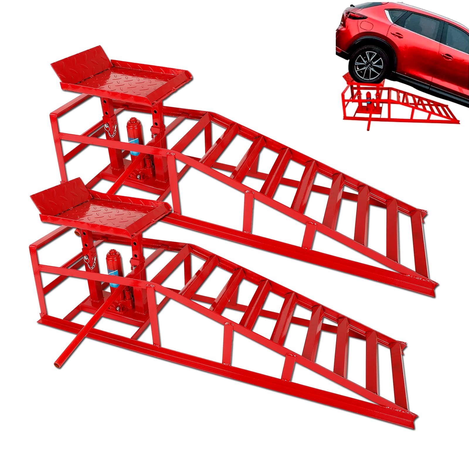 2 Pack 5 Ton Low Profile Hydraulic Car Ramps - Heavy Duty Auto Truck Service Ramps for Vehicle Maintenance & Repair - Perfect for Oil Changes, Tire Rotation & Underbody Work (Red)