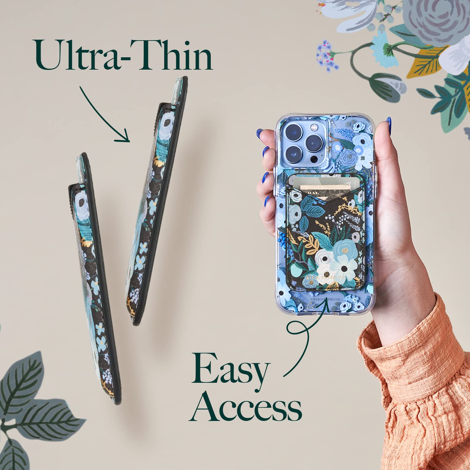 Rifle Paper Co. Magnetic Wallet for iPhone 16 Pro Max/15 Pro/14/13 - Vegan Leather MagSafe Card Holder (Holds 3 Cards) | Slim Detachable Phone Wallet | Garden Party Blue | Perfect for Everyday Use, Travel & Contactless Payments