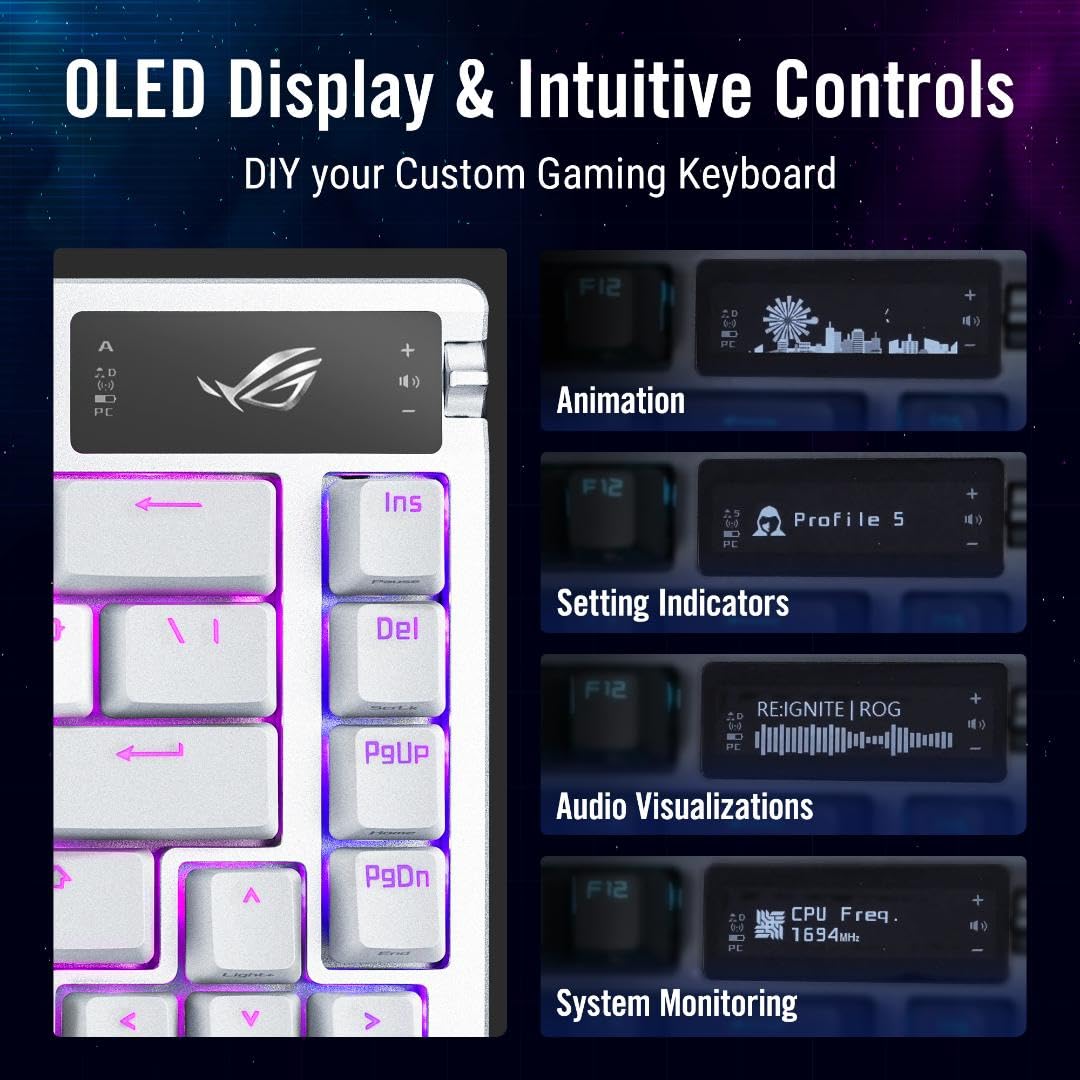 ASUS ROG Azoth 75 Wireless Custom Mechanical Gaming Keyboard - OLED Display, Hot-Swappable ROG NX Brown Switches, Gasket Mount, 3-Layer Dampening, PBT Keycaps, RGB Backlit (White) | Perfect for Esports, Streaming & Professional Gaming Setup
