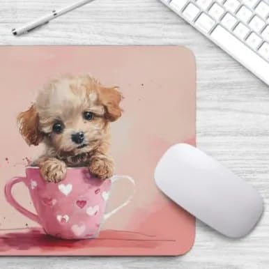 Non-Slip Rubber Mouse Pad with Adorable Poodle & Flowers Design - Perfect for Home Office, Gaming, Work Desk, Computer & Laptop Use - Ideal Gift for Dog Lovers (Cute Baby Poodle in Cup Design) - Great for Daily Work, Online Meetings & PC Gaming Sessions