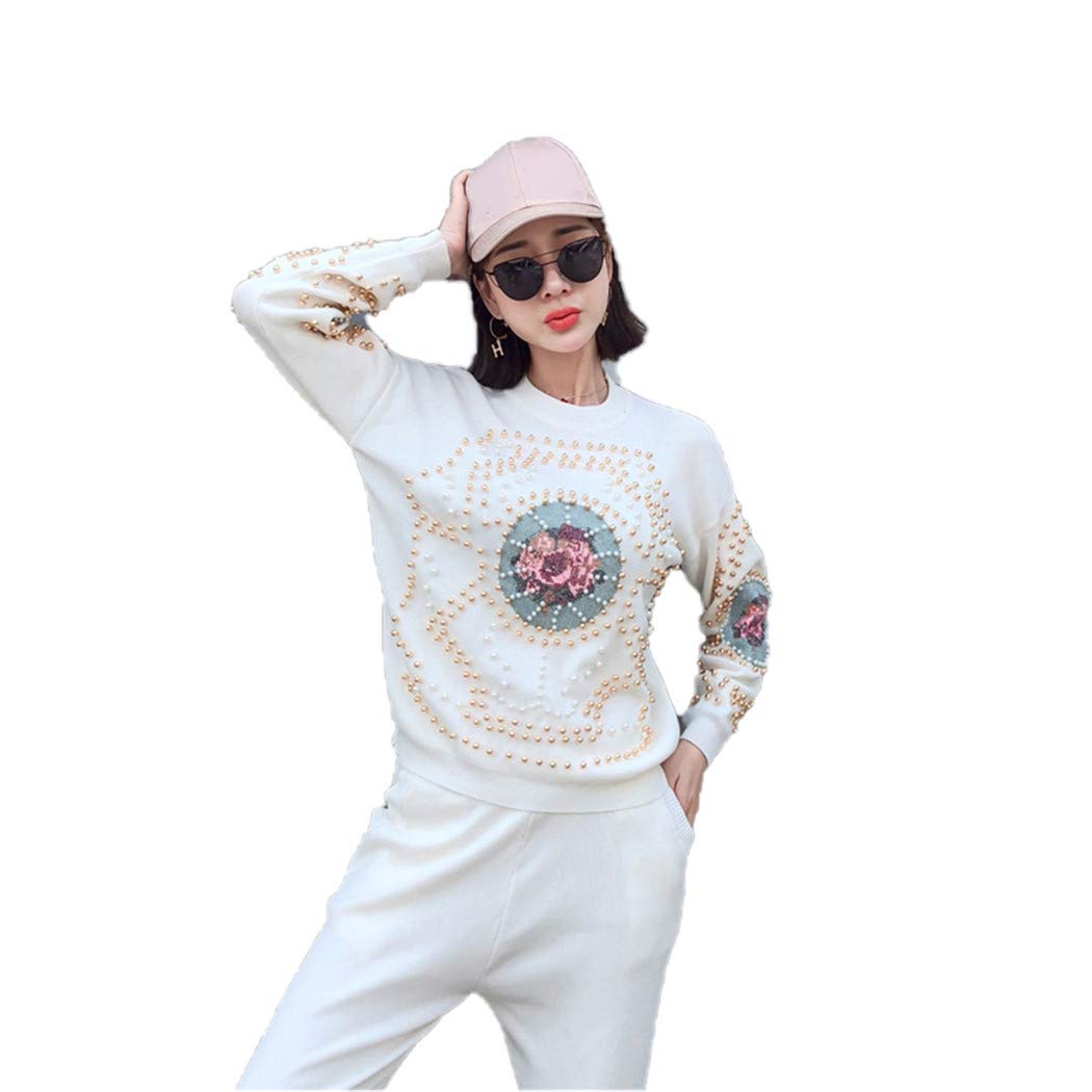 Women's Autumn Winter Fashion Tracksuit 2-Piece Set - Beaded Embroidery Long Sleeve Sweater & Casual Knit Pants Outfit | Cozy Lounge Wear for Home, Office & Casual Outings