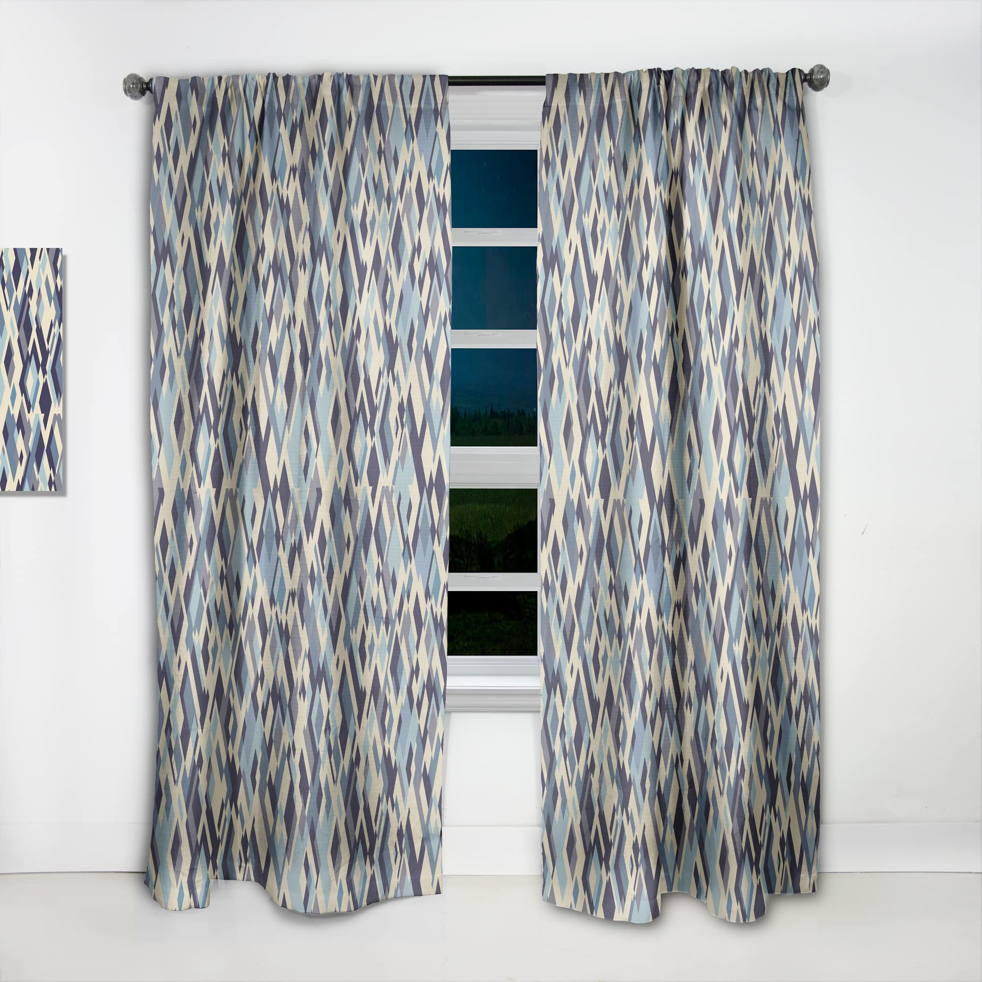 DesignQ Thermal Insulated Curtains - Single Panel 52x90 Inches - Beige & Blue Rhombus Pattern for Bedroom & Living Room - Energy Saving & Light Filtering Window Drapes