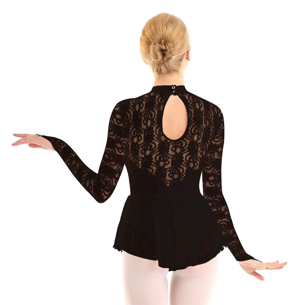 Elegant Women's Floral Lace Ballet Dance Dress with Fingerpoint Sleeves - Figure Skating Leotard for Ballet, Ice Skating & Dance Performances