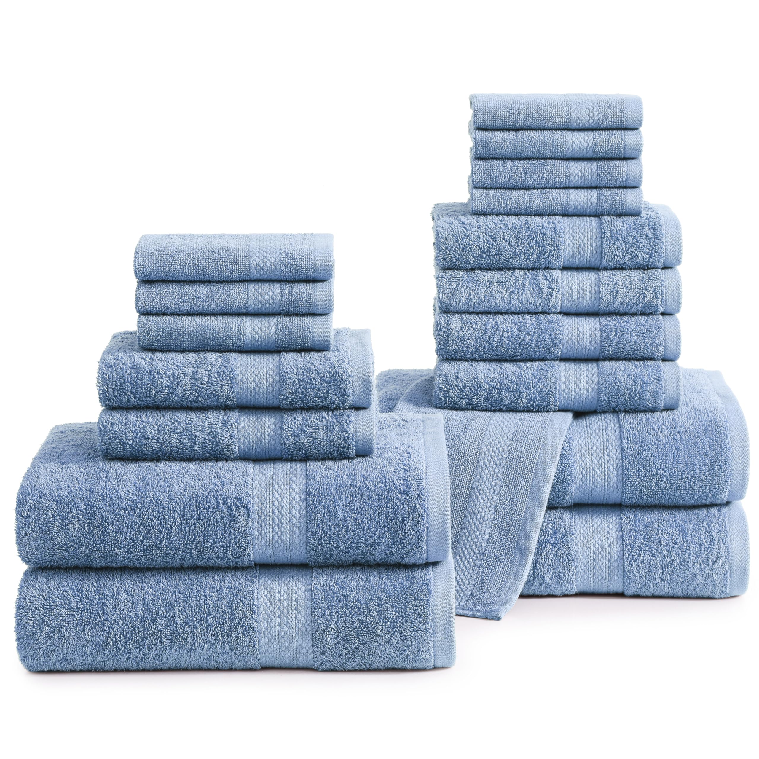 Premium 18-Piece Cotton Bath Towel Set - 4 Bath Towels, 6 Hand Towels, 8 Washcloths - Ultra Soft & Absorbent for Bathroom, Spa & Hotel Use - Cerulean Blue - Luxury Bath Linens for Home & Commercial Use