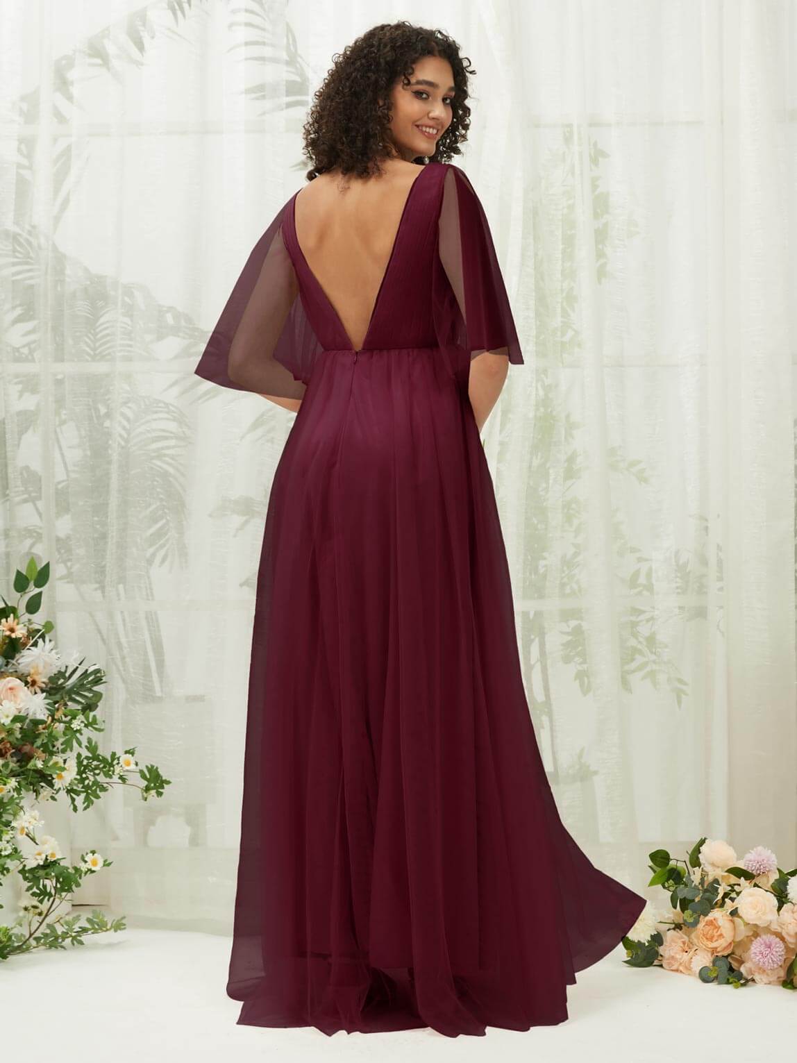 Elegant Burgundy Ruffle Sleeves Tulle Maxi Bridesmaid Dress with Hidden Pocket - Perfect for Weddings, Formal Events & Evening Parties