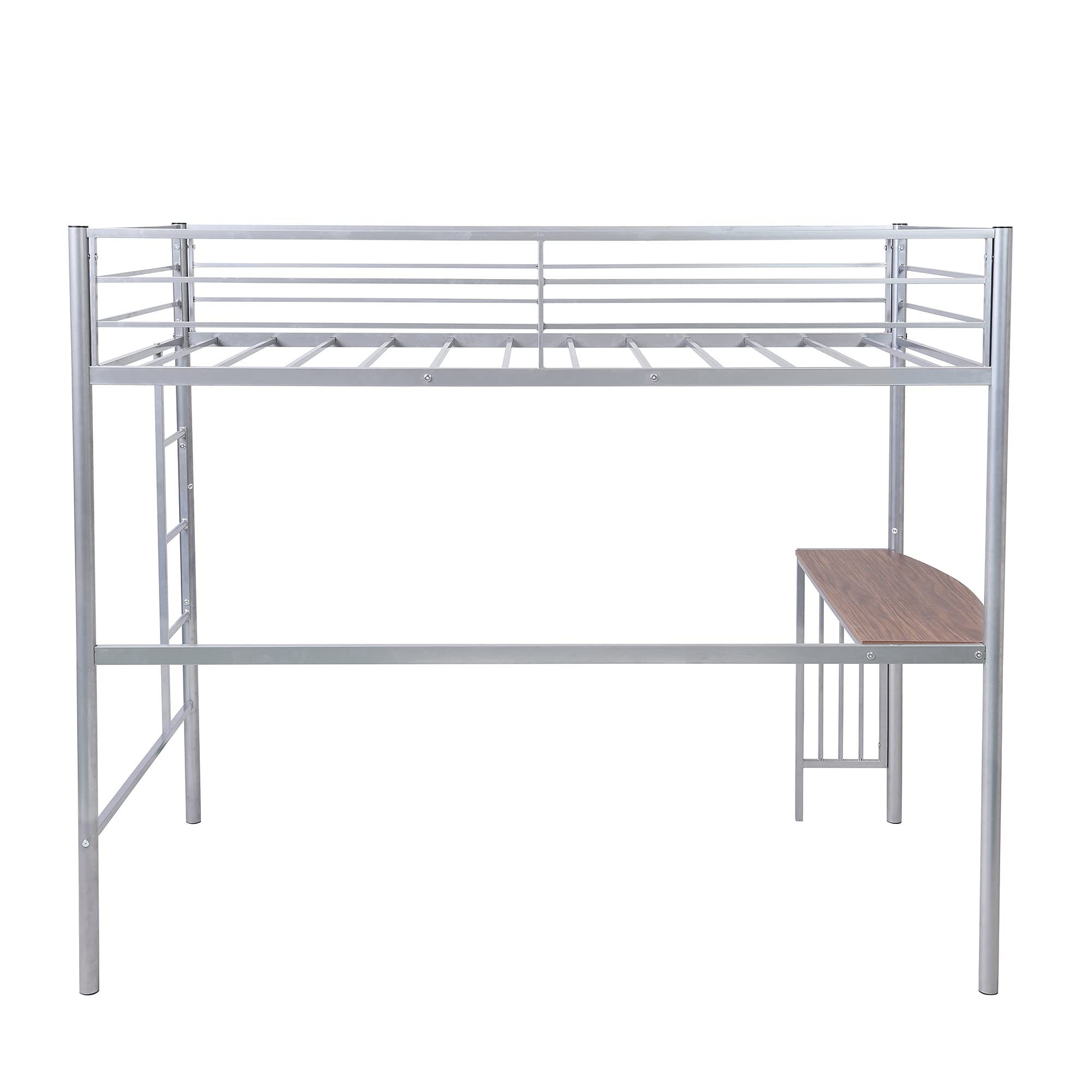 **Metal Loft Bed Frame with Ladder & Guardrails - Twin Size Bunk Bed with Built-in Desk & Bookcase - Space-Saving Loft Bed for Kids & Teens - Perfect for Small Bedrooms, Dorms & Studio Apartments (Silver)**