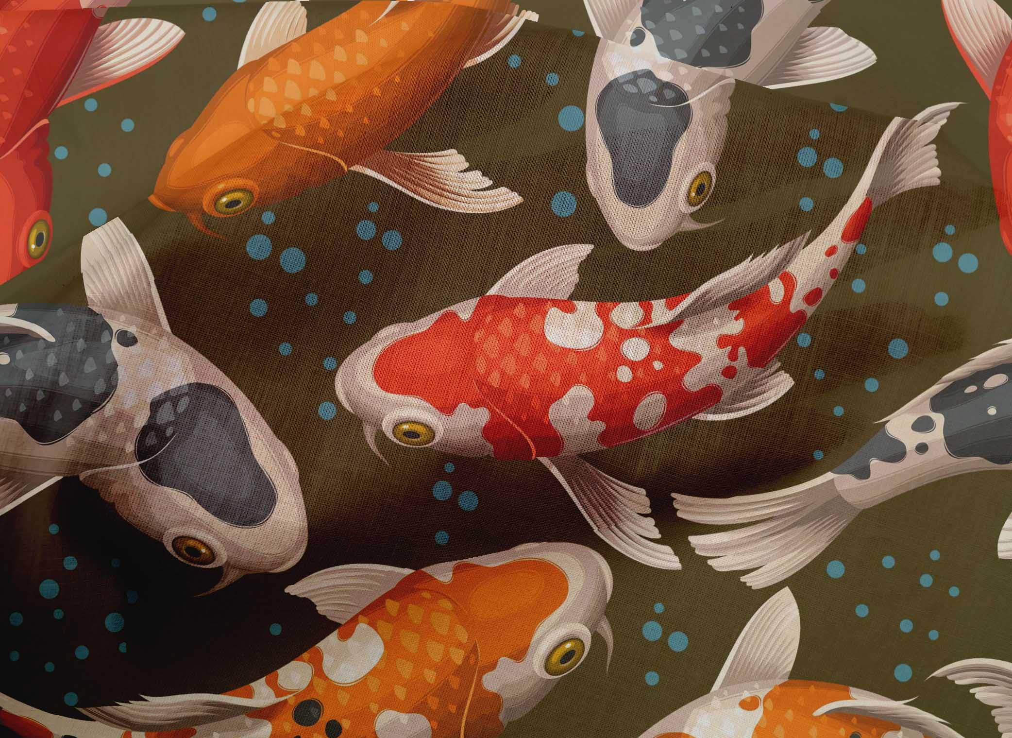 oneOone Cotton Cambric Dark Olive Green Fabric with Bubbles & Koi Fish Ocean Print - 56 Inch Wide DIY Sewing Material for Clothing, Quilting, and Home Decor Projects