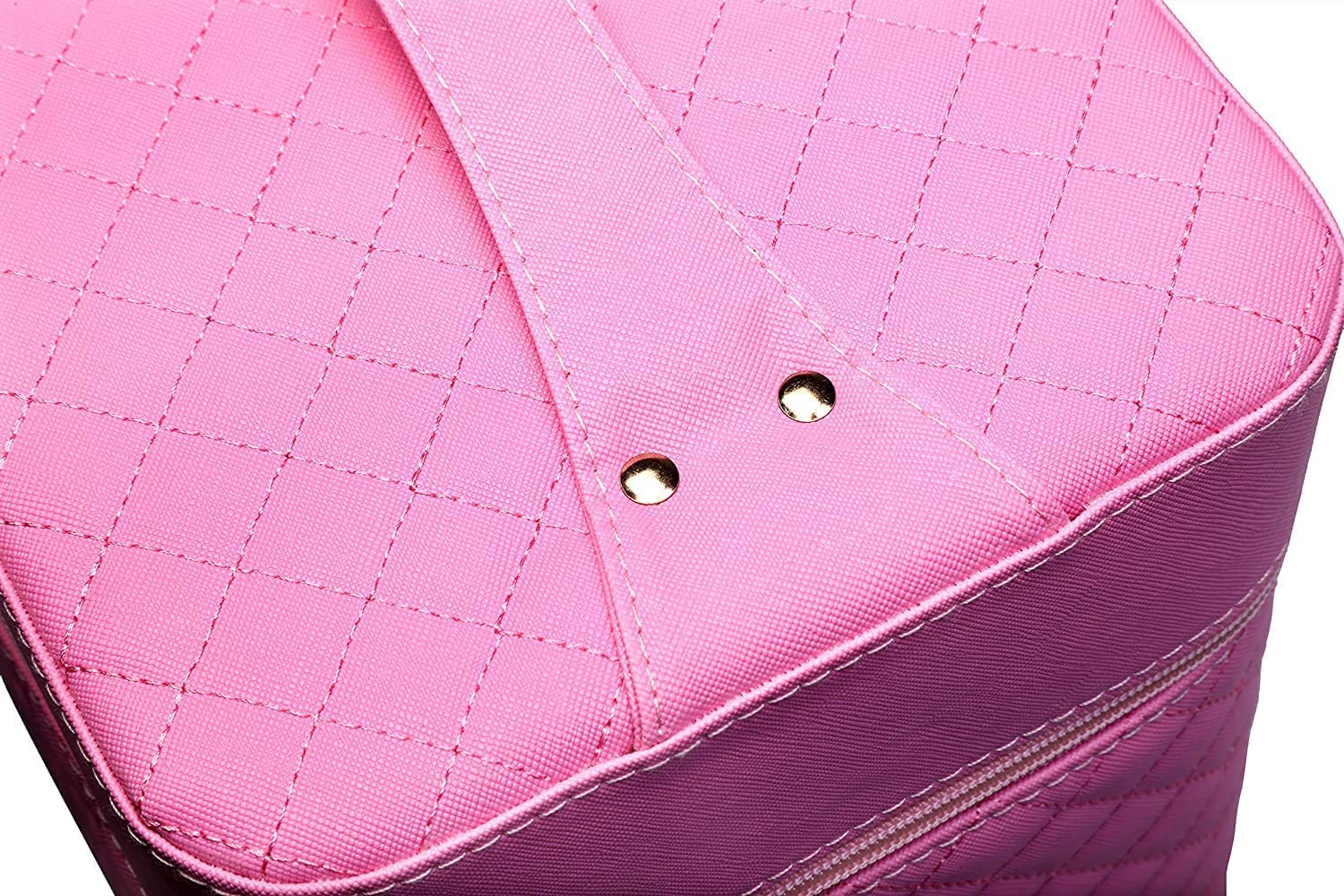 Sooyee 4-Layer Foldable Makeup Bag with Mirror - Pink Cosmetic Organizer & Travel Train Case for Women | Perfect for Travel, Home Storage & On-the-Go Touch Ups