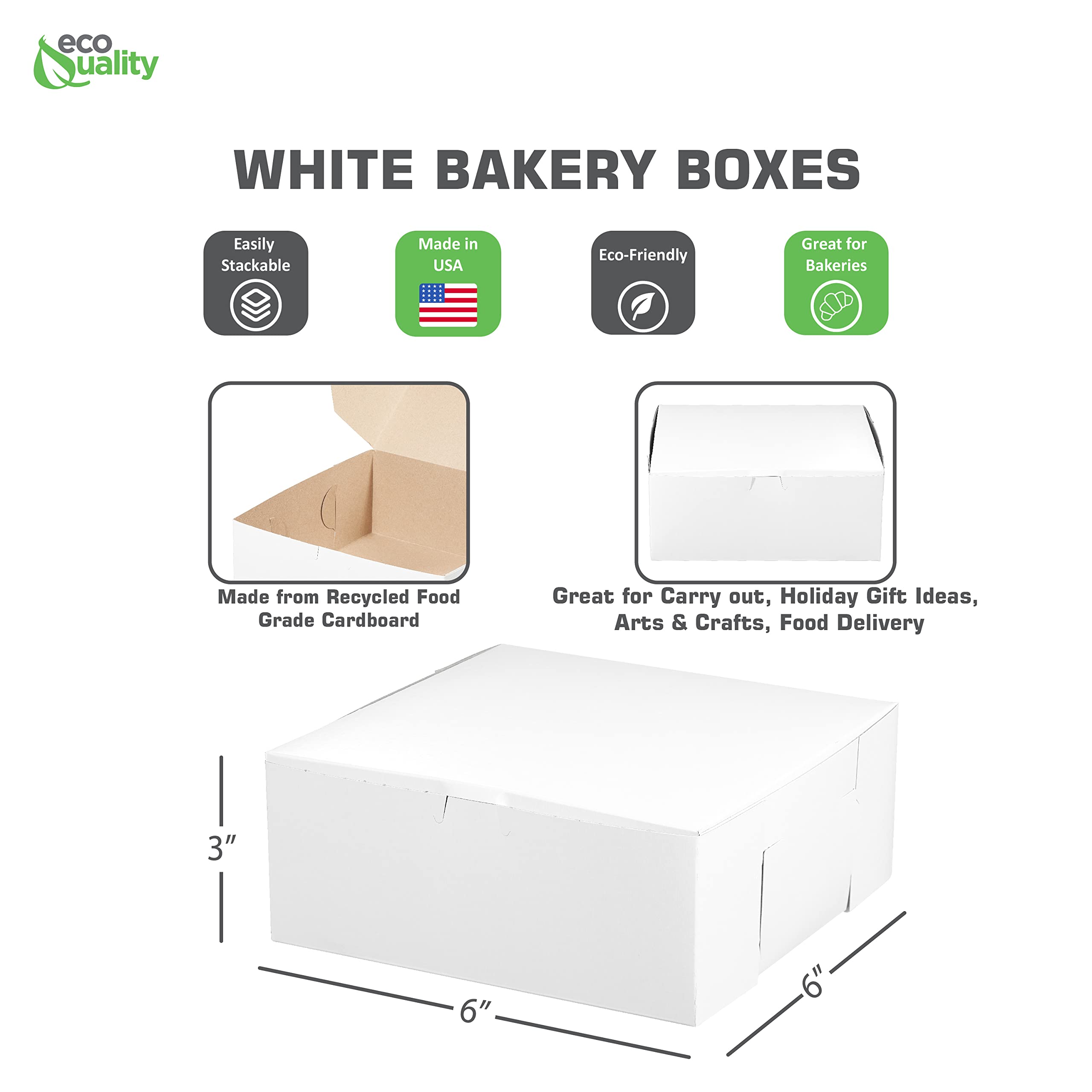 150 Pack White Bakery Pastry Boxes 6x6x3 Inches - Eco Friendly Kraft Paperboard Gift Boxes for Cookies, Cakes, Pies - Perfect for Home Baking, Retail Stores, Baby Showers & Party Favors