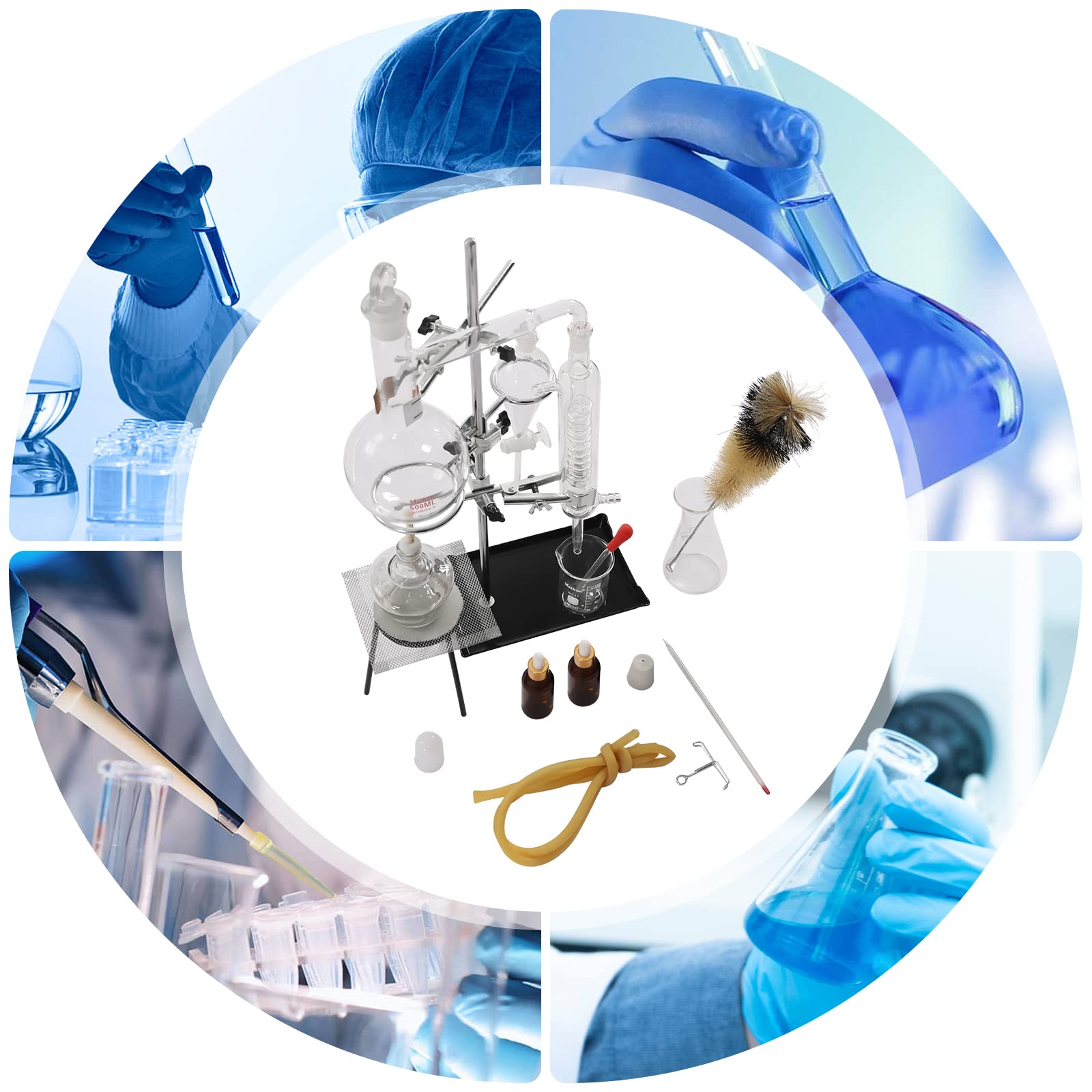 500ml Lab Glassware Distillation Kit - Steam Water & Alcohol Distiller, Organic Chemistry Purifier Equipment for Home & Lab Use | Perfect for Essential Oil Extraction, Chemistry Experiments & DIY Distilling