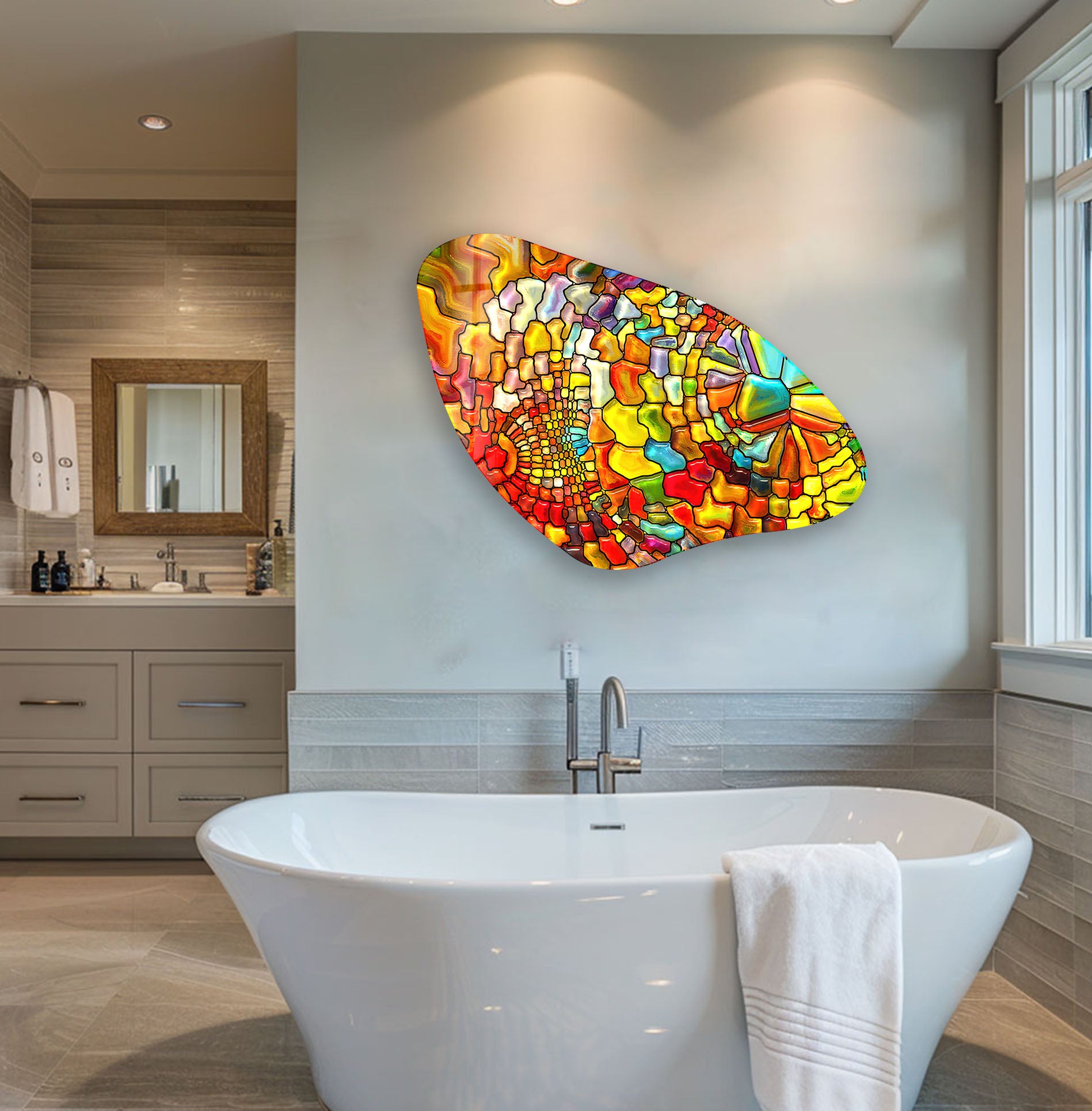 Handmade Aesthetic Orange Stained Irregular Glass Wall Art - Modern Abstract Home Decor for Living Room, Bedroom & Office