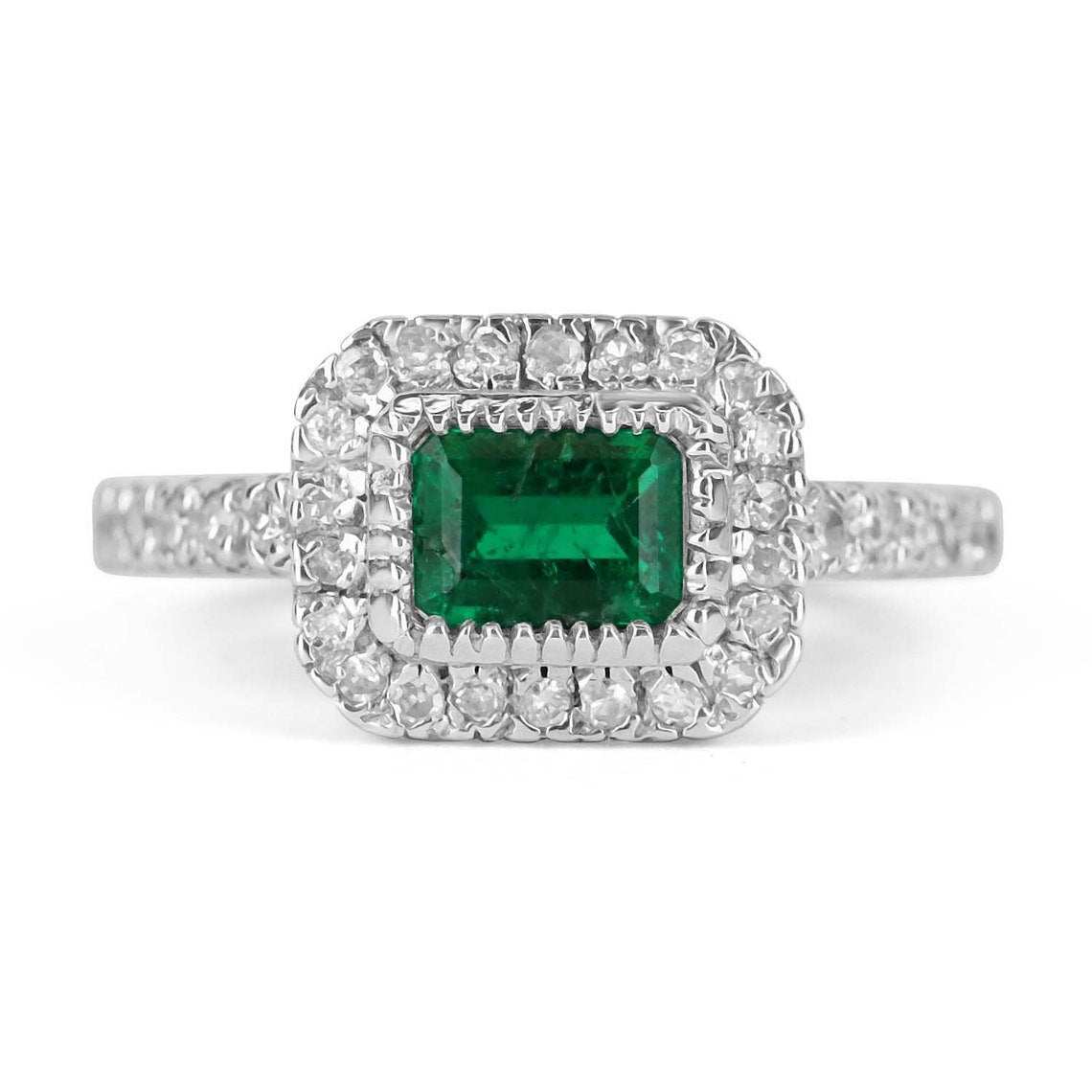 1.70tcw East To West Emerald & Diamond Halo Engagement Ring in 14K White Gold - Perfect for Proposals, Anniversaries & Bridal Jewelry