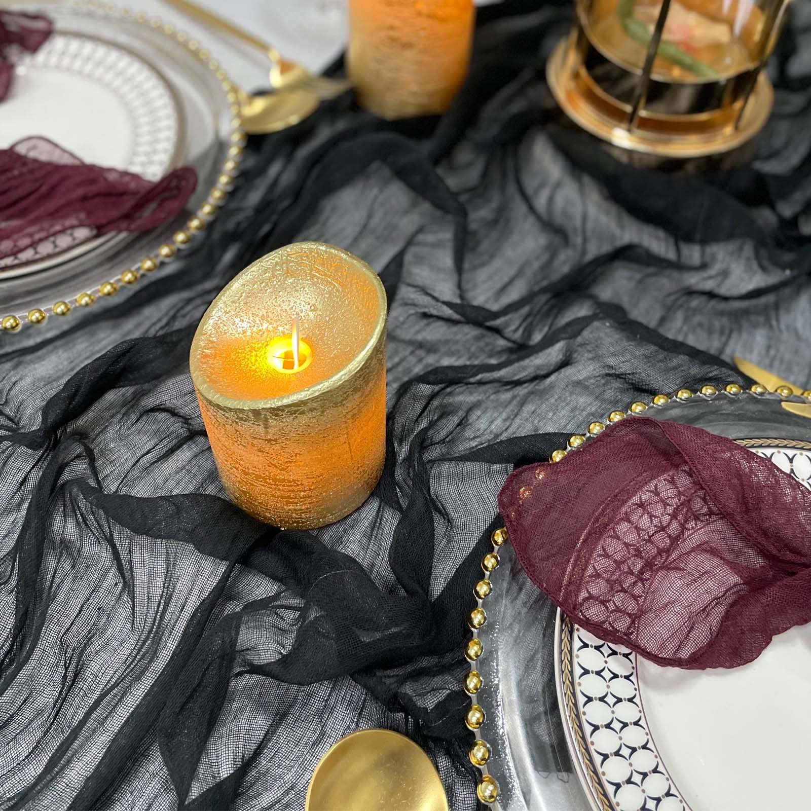 EHLDekol Black Cheesecloth Gauze Table Runner - 13ft Wedding Arch Draping Fabric, Bridal Shower Decor, Boho Party Centerpiece for Rustic Weddings & Events