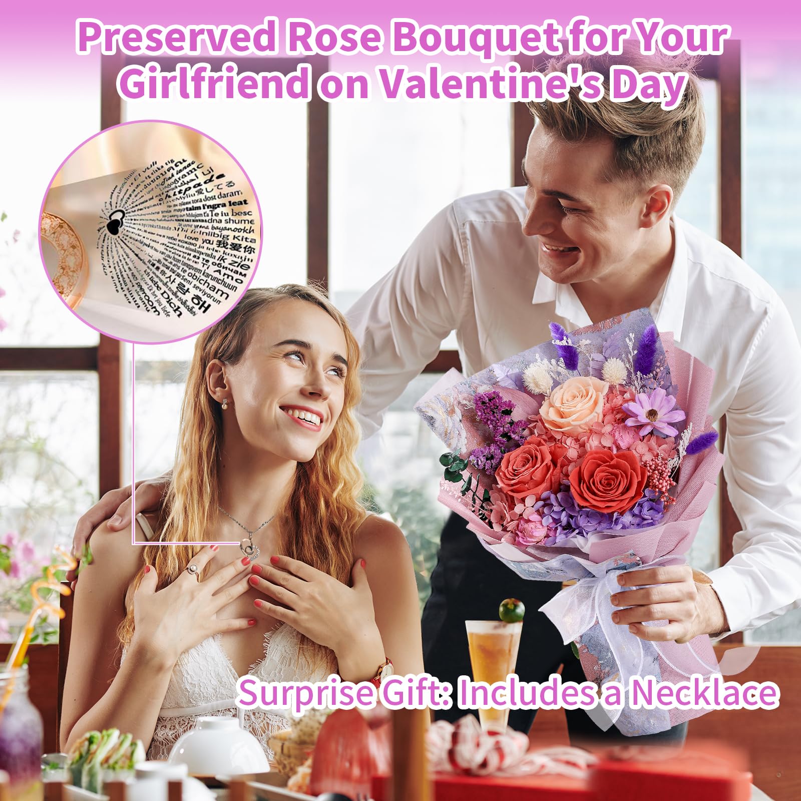 Eternal Preserved Rose Bouquet with Necklace - Fresh Cut Roses for Graduation, Mother's Day, Christmas & Valentine's Day Gifts | Long-Lasting Floral Arrangement for Special Occasions & Romantic Surprises