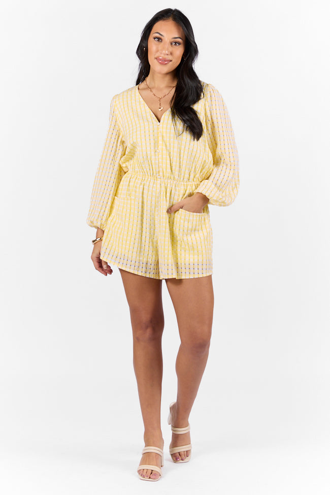 Set On You Yellow Gingham Long Sleeve Romper - Women's Summer Jumpsuit with Pockets | Perfect for Beach Vacations, Picnics & Date Nights