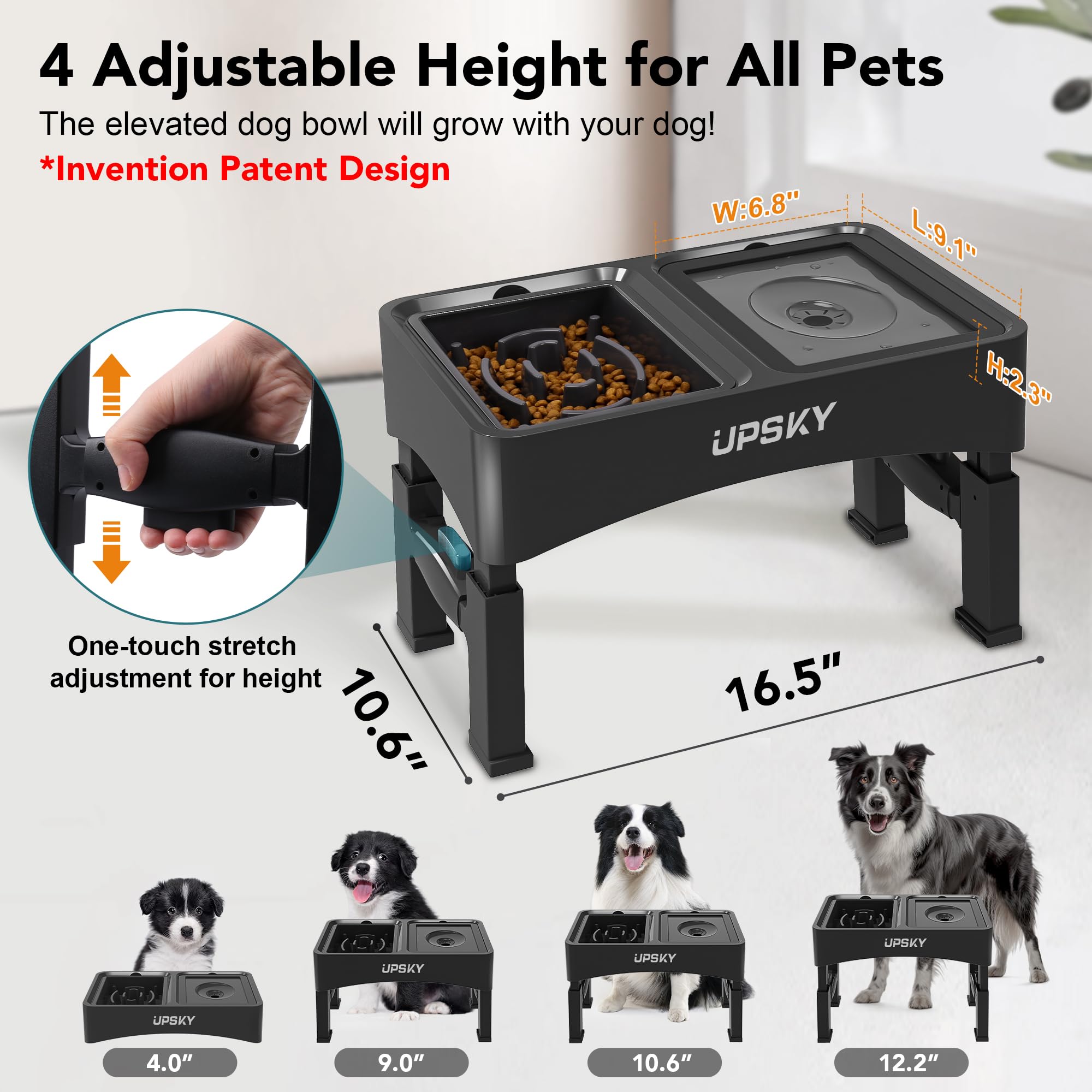 UPSKY 2-in-1 Elevated Slow Feeder Dog Bowls with Stand - 4 Height Adjustable Raised No Spill Dog Food & Water Bowl Dispenser - Anti-Slip Pet Bowls for Small & Medium Dogs (Black) - Perfect for Mealtime & Travel Use