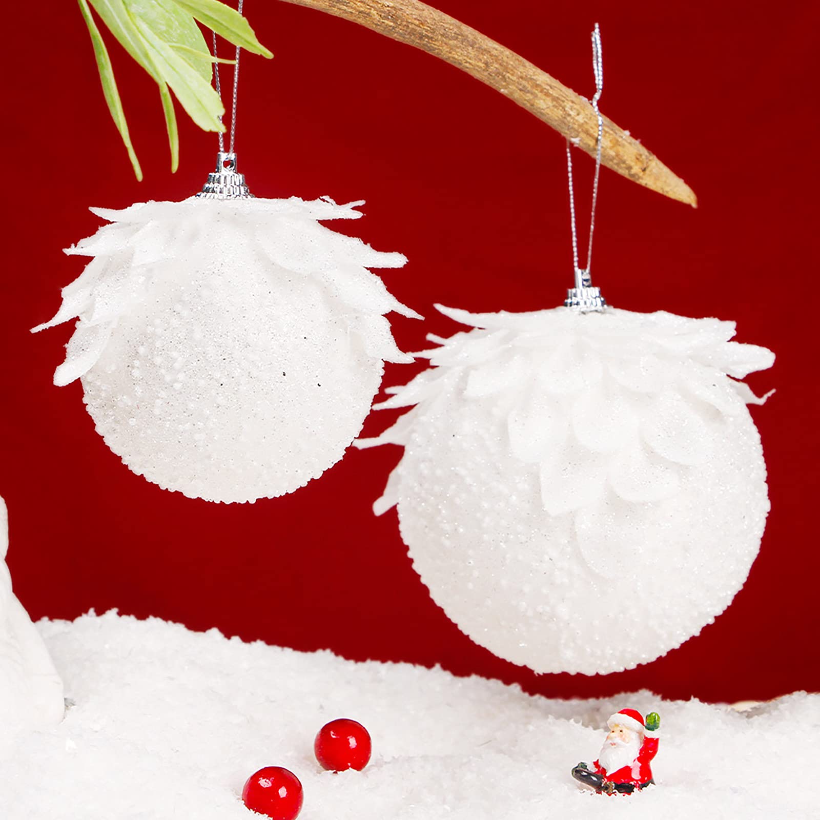 6Pcs Shatterproof Christmas Ball Ornaments - Snow White Glitter Foam Hanging Decorations with Petal Design for Xmas Tree (8cm/3.15inch) - Perfect for Holiday Home Decor, Party & Gift Giving