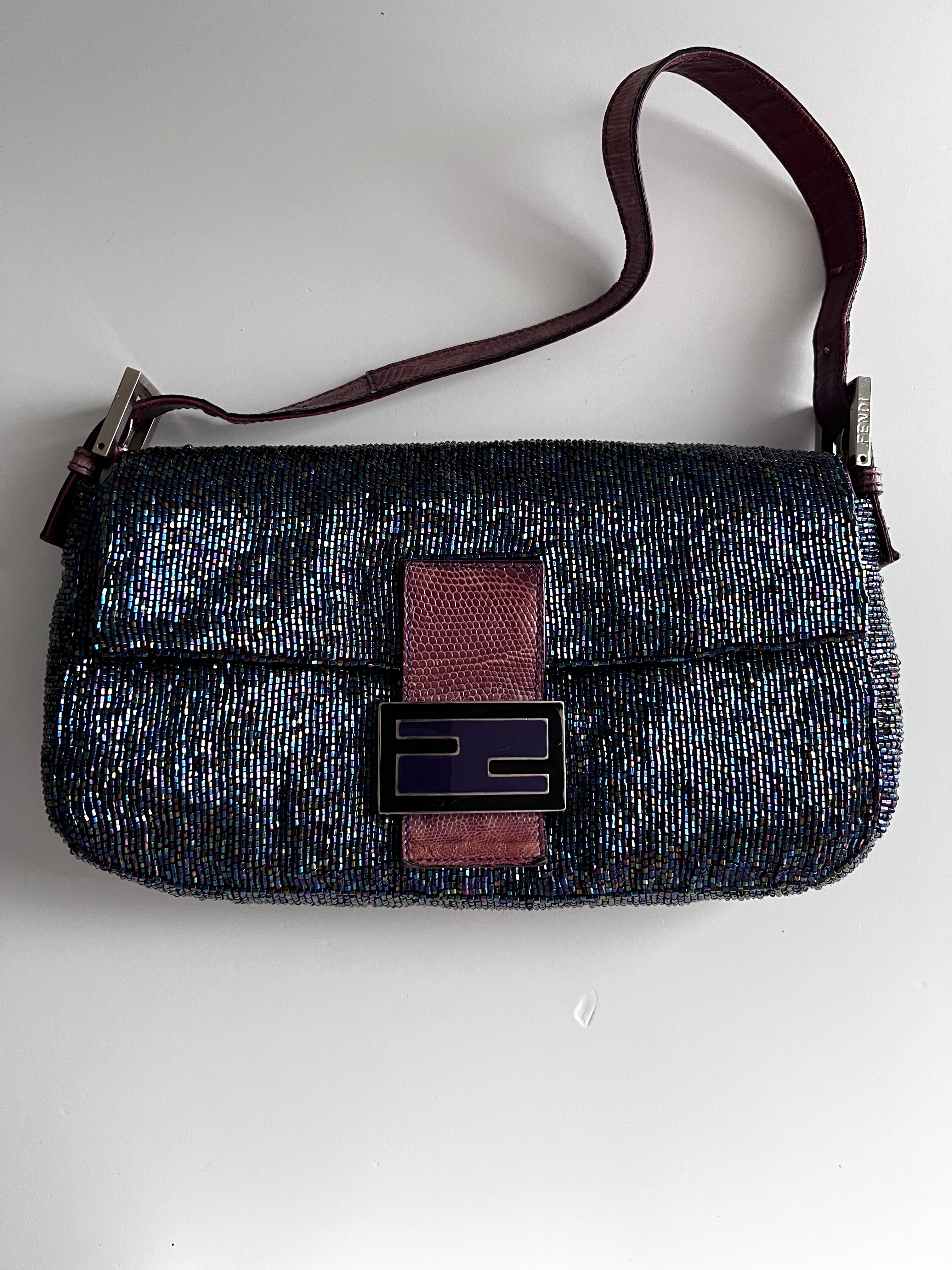 Vintage Iridescent Beaded Lizard Skin Trimmed Baguette Bag - Elegant Evening Clutch for Parties, Weddings & Special Occasions
