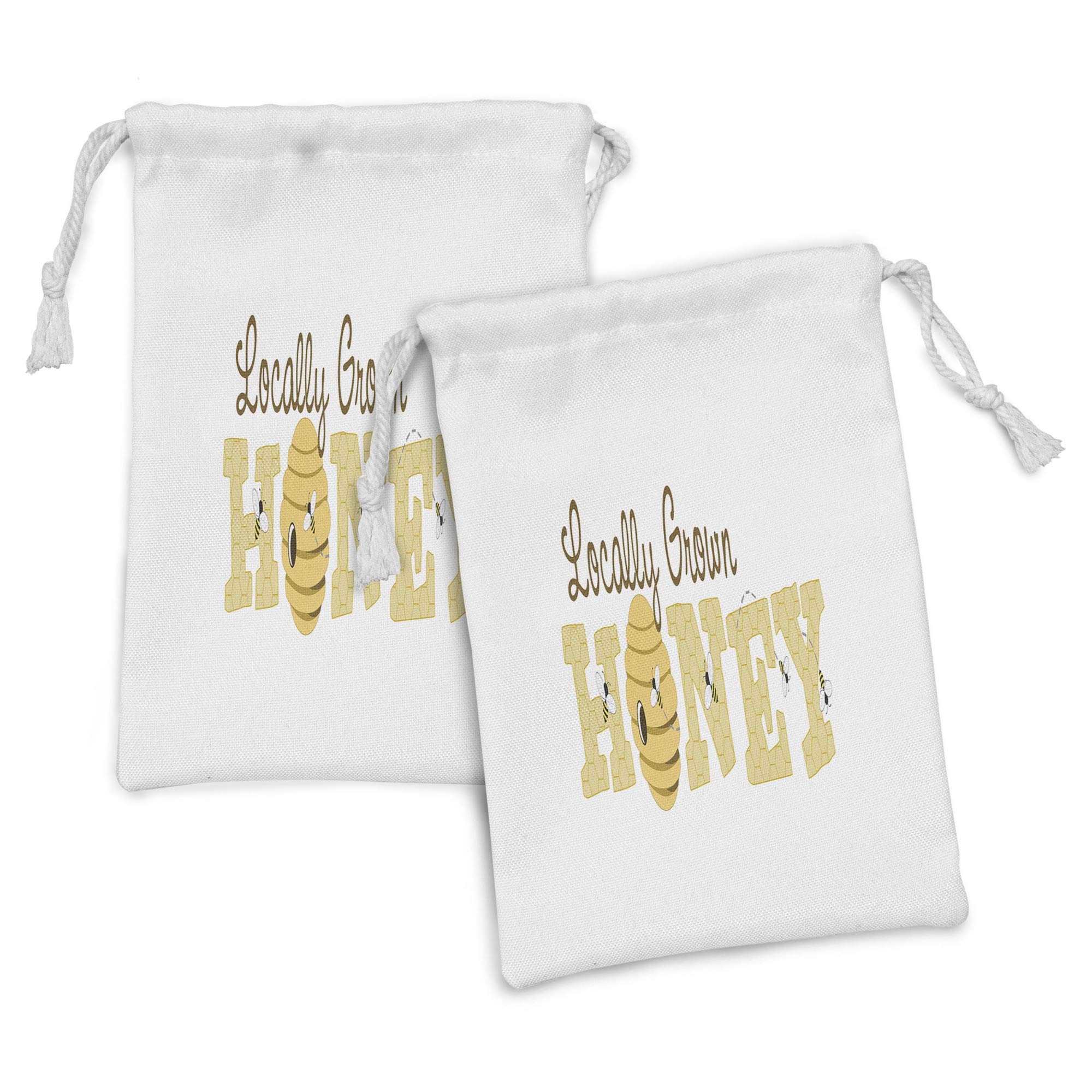 Ambesonne Honey Bee Fabric Pouch Set of 2 - Locally Sourced Honey Calligraphy Design Drawstring Bags (9