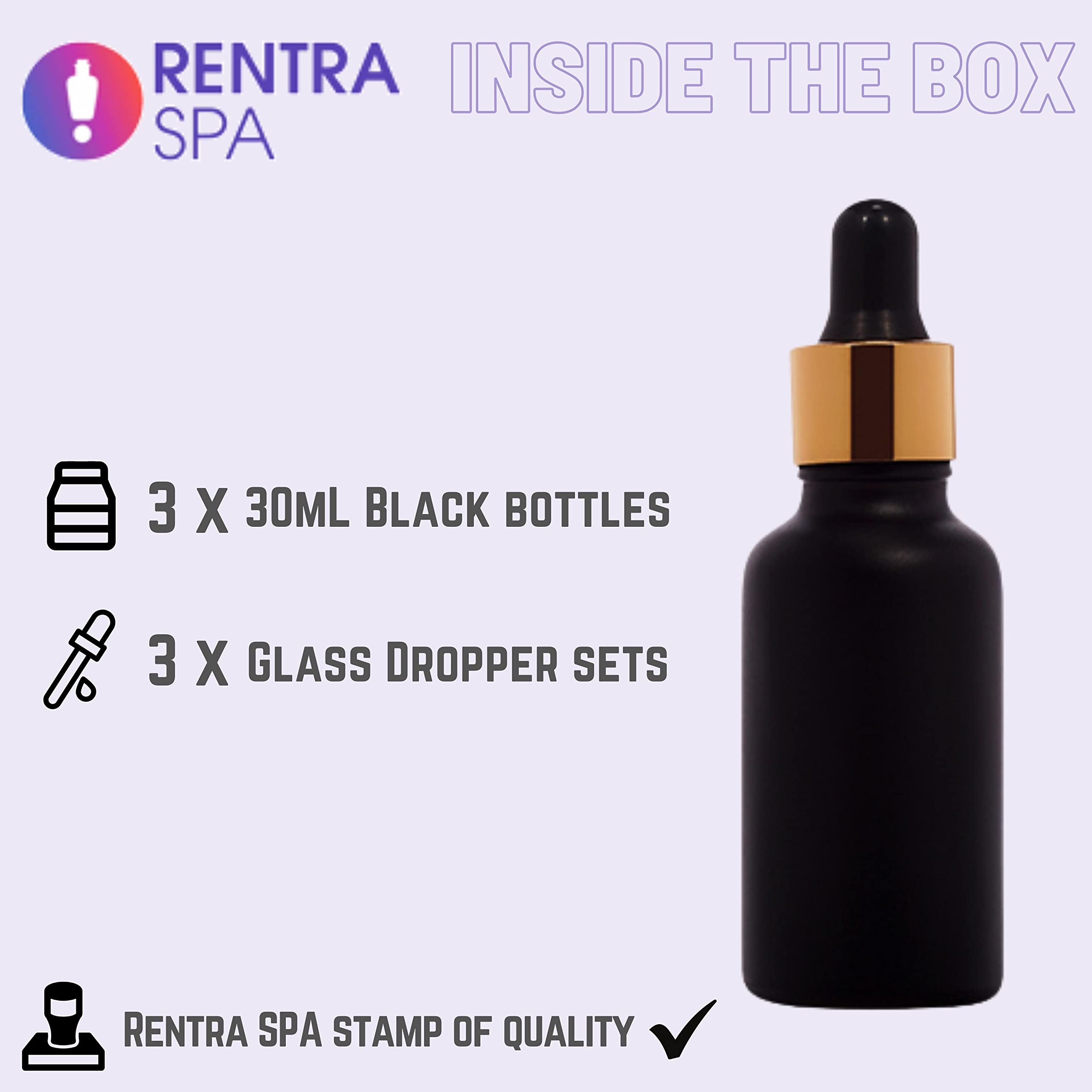 Rentra S.P.A 30ml Glossy Black Round Glass Bottle with Dropper, Gold Ring & Black Silicone Teat - Essential Oil, Perfume & DIY Cosmetic Storage Solution