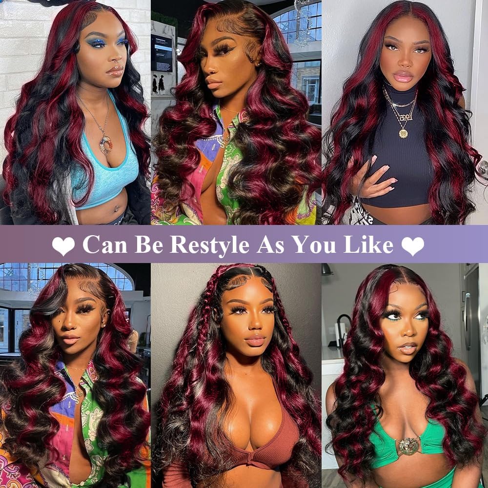 250% Density Burgundy Lace Front Wig - 13x6 HD Transparent Lace Brazilian Virgin Human Hair with Rose Red Highlights | Pre-Plucked Glueless Body Wave Wig for Women | Perfect for Cosplay, Daily Wear & Special Occasions