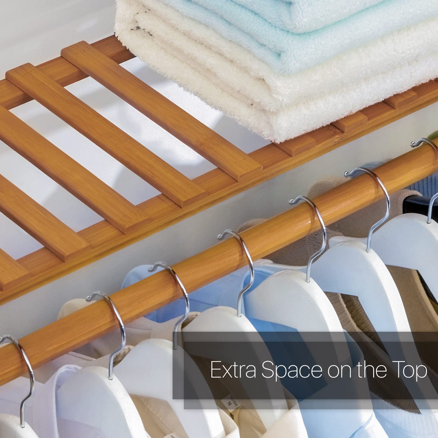MoNiBloom Bamboo Clothes Rack - Freestanding Wardrobe Organizer with 2 Drawers & Hanging Rod, 5-Tier Storage Shelves for Bedroom, Living Room, Closet - Space Saving Brown Wooden Garment Rack (Perfect for Small Apartments, Dorm Rooms & Home Organization)