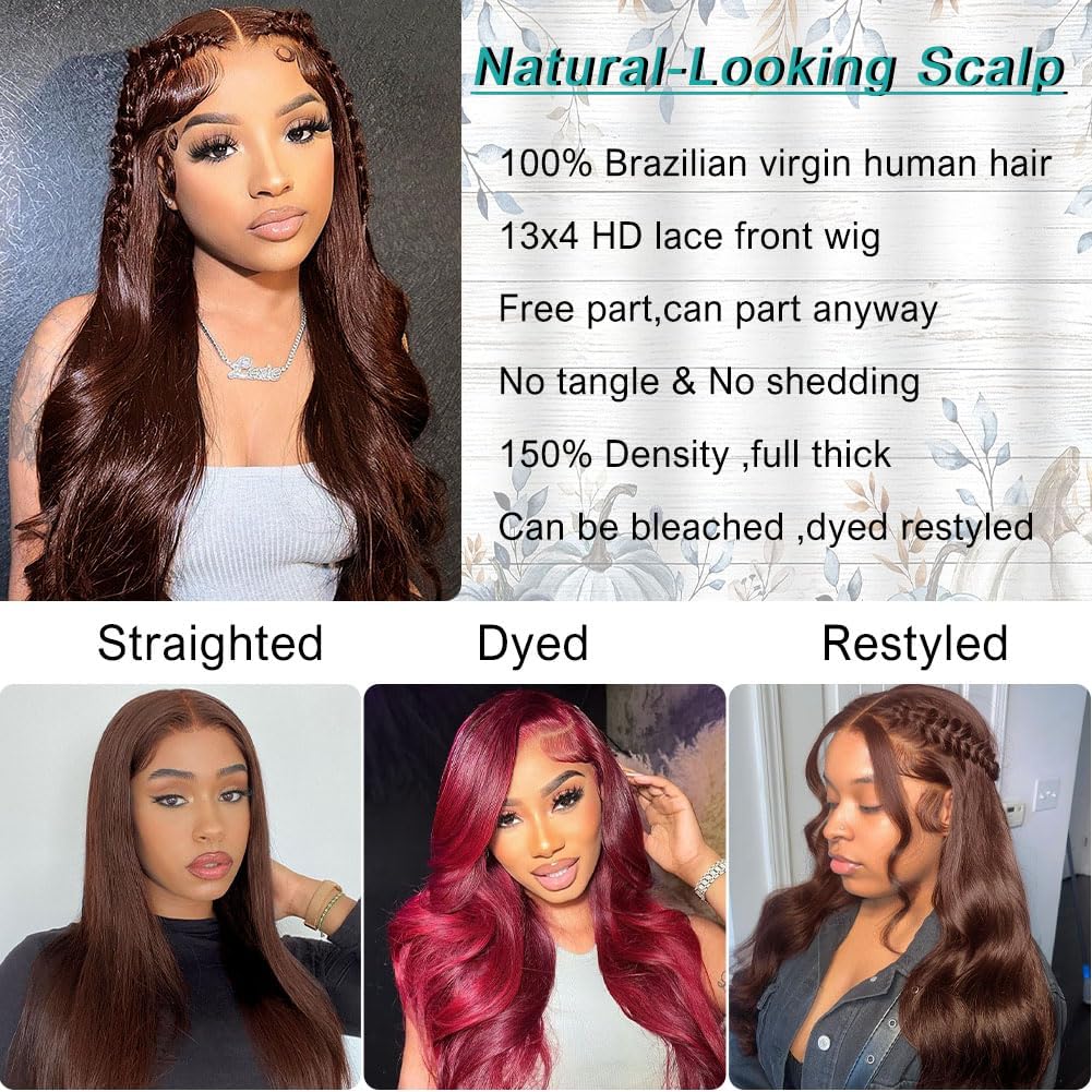 Azkiu 22 Inch Brown Body Wave Lace Front Wig - 150% Density Brazilian Virgin Human Hair with HD Transparent Lace & Pre-Plucked Baby Hair | Natural Look for Daily Wear, Cosplay & Special Occasions