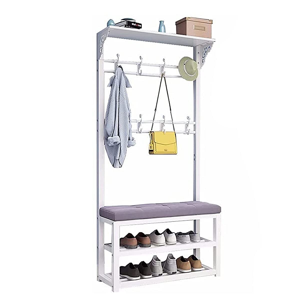 OTBK 3-in-1 Entryway Hall Tree with Coat Rack, Shoe Bench & Storage - Metal Frame Organizer for Clothes, Shoes, Baskets, Boots, Bags & Umbrellas (White, 80x30x172cm) - Perfect for Small Spaces, Apartments & Mudroom Organization