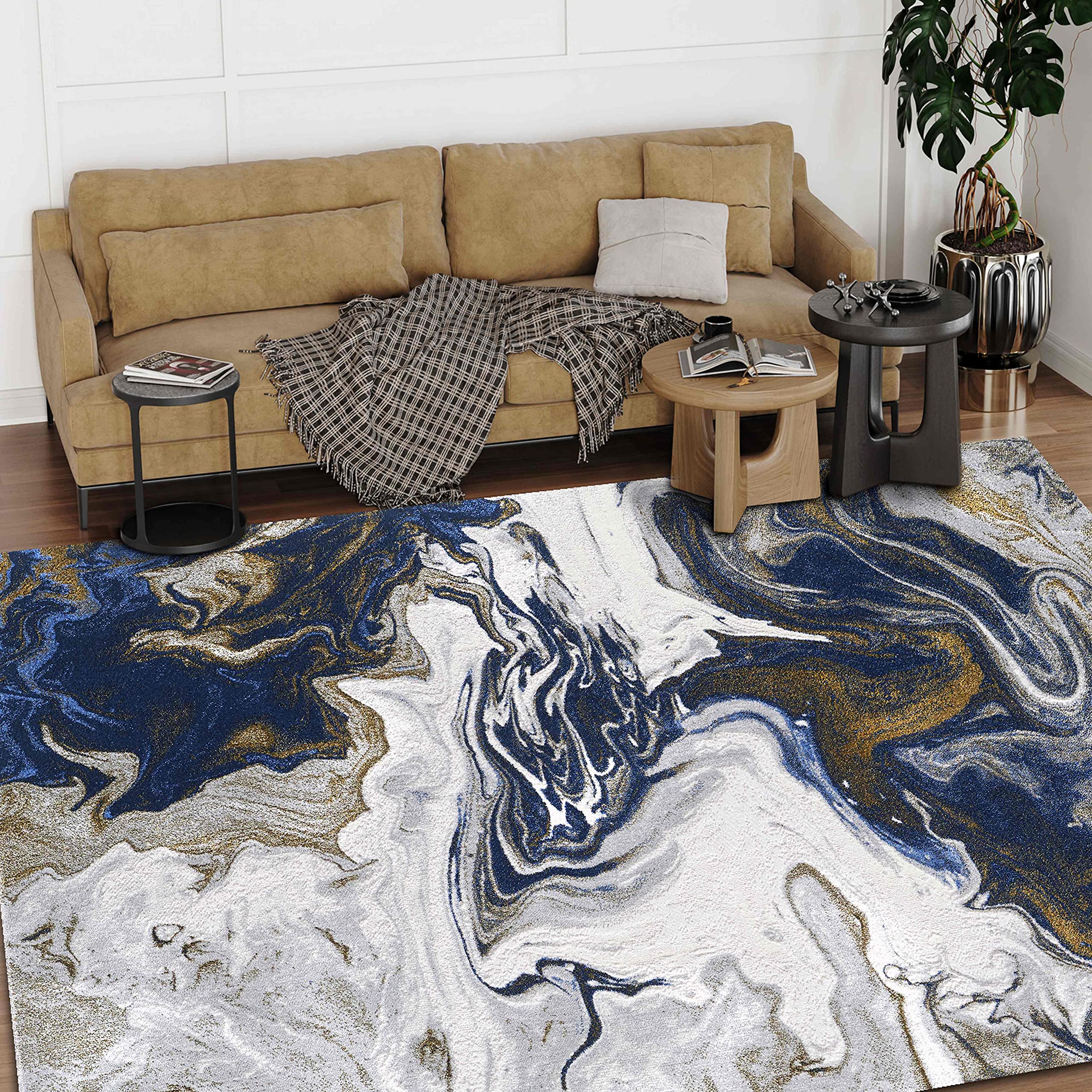 Boho Abstract Rugs - Marble Theme Luxury Living Room Carpet in Gold, Gray, Navy Blue & Multi Colors | Ultra Soft Thick Pile Non-Shedding Rug for Home Decor, Bedroom, Office & Dorm