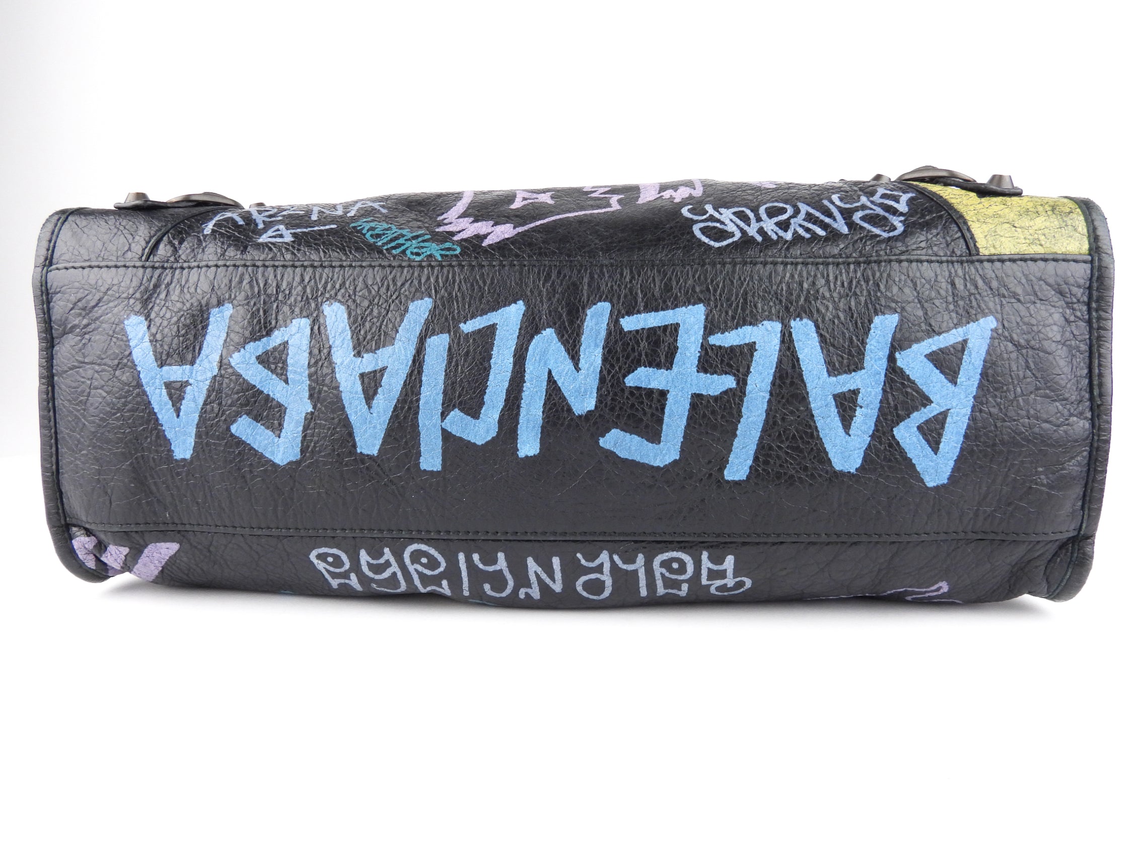 Balenciaga Black Graffiti Print Leather Moto Classic Two-Way City Bag for Women - Stylish Crossbody & Shoulder Bag for Daily Use, Work, Travel and Night Out