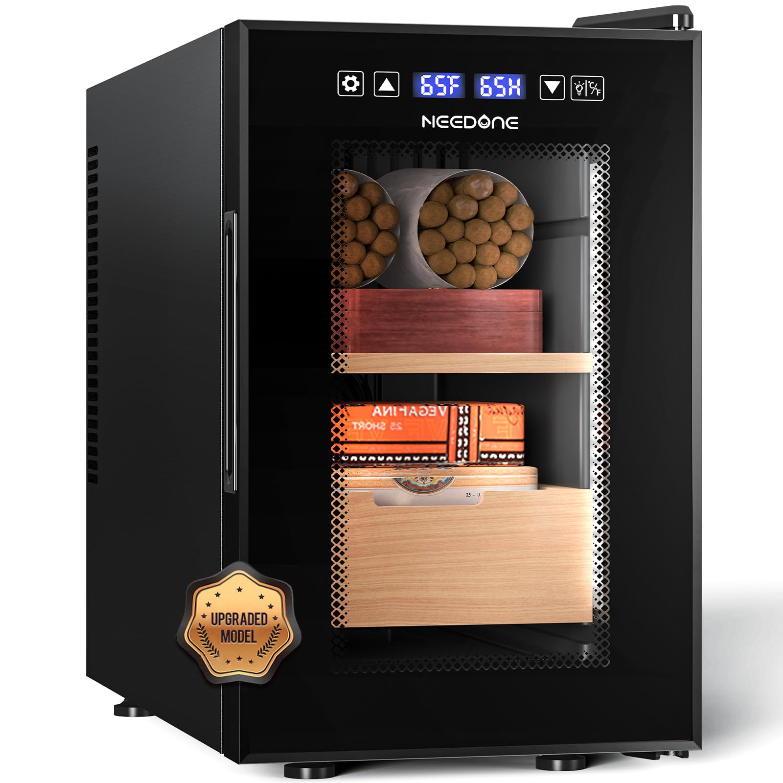 NEEDONE 16L Pro Electric Cigar Humidor with Smart Humidity, Heating & Cooling Control - Spanish Cedar Wood Shelves & Drawer - Holds 100 Cigars - Perfect for Home, Office or Man Cave - Ideal Gift for Men & Cigar Enthusiasts